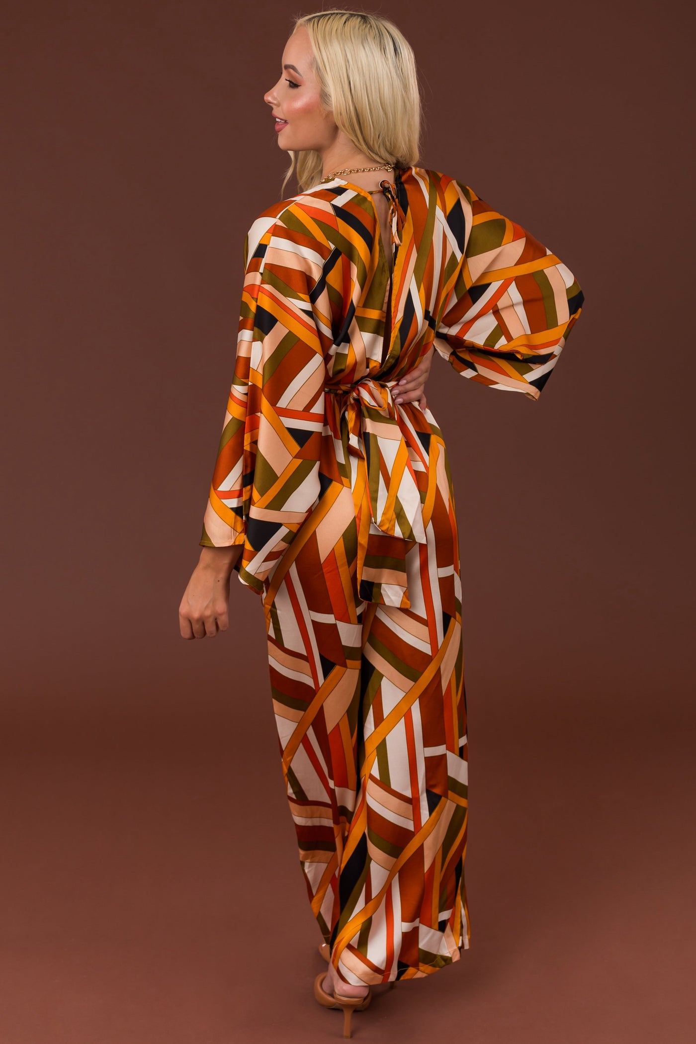 Sunset Geometric Stripe Print Waist Tie Jumpsuit