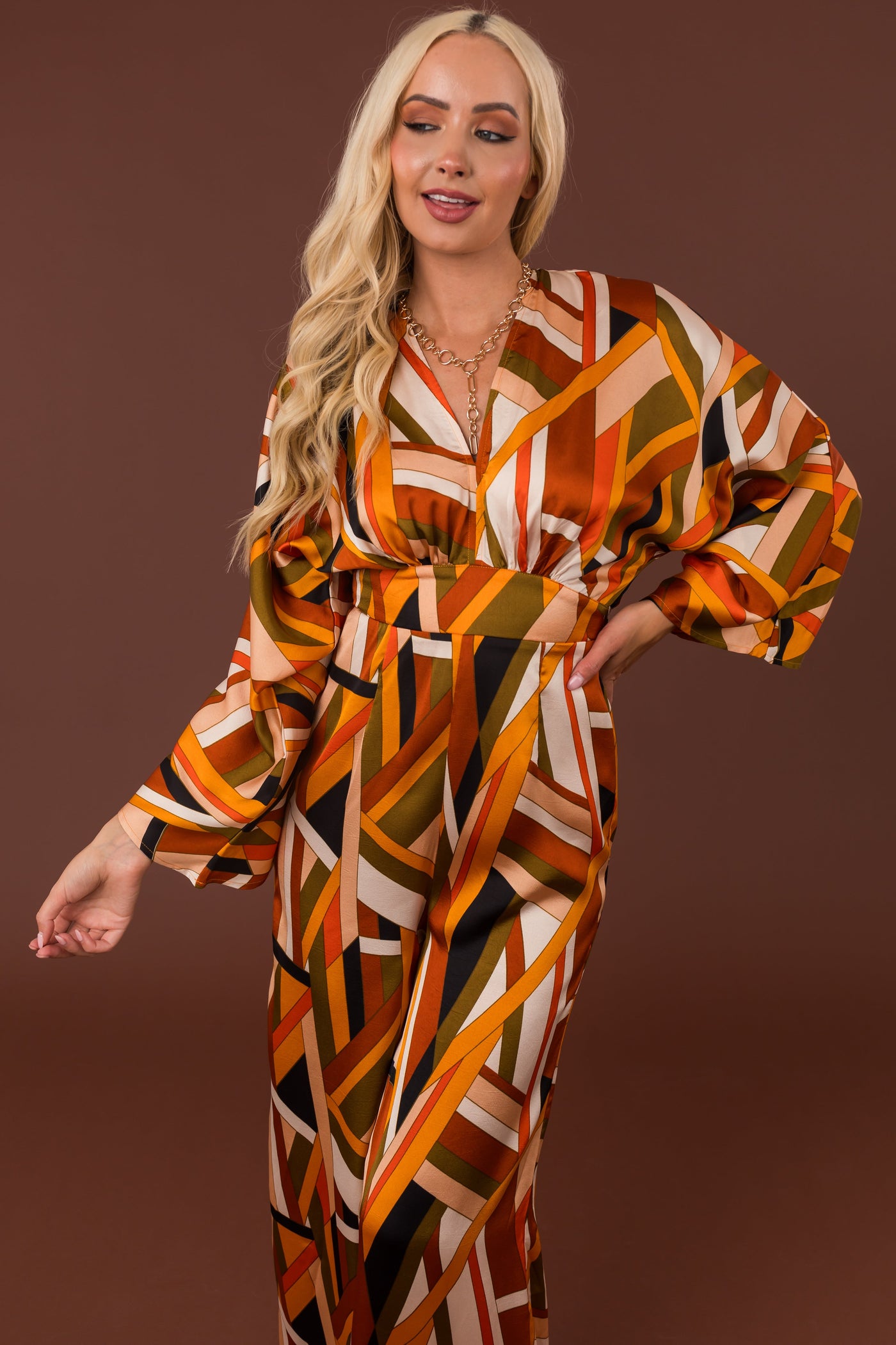 Sunset Geometric Stripe Print Waist Tie Jumpsuit