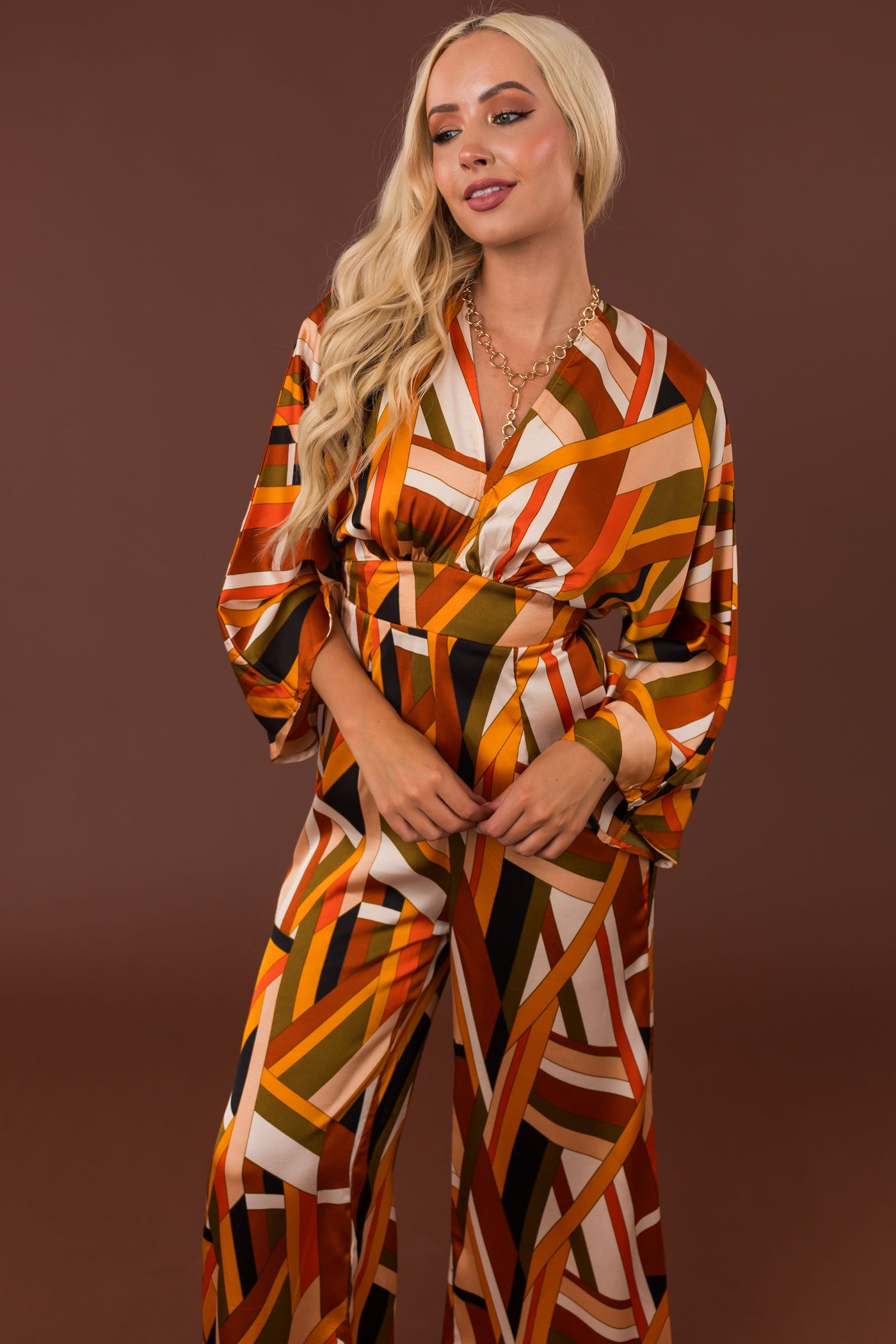 Sunset Geometric Stripe Print Waist Tie Jumpsuit