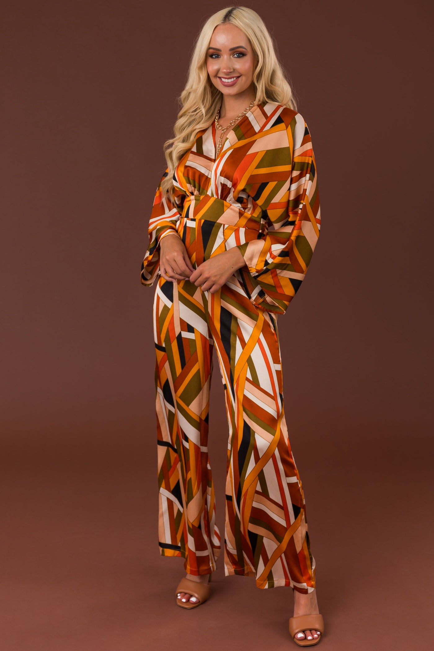Sunset Geometric Stripe Print Waist Tie Jumpsuit