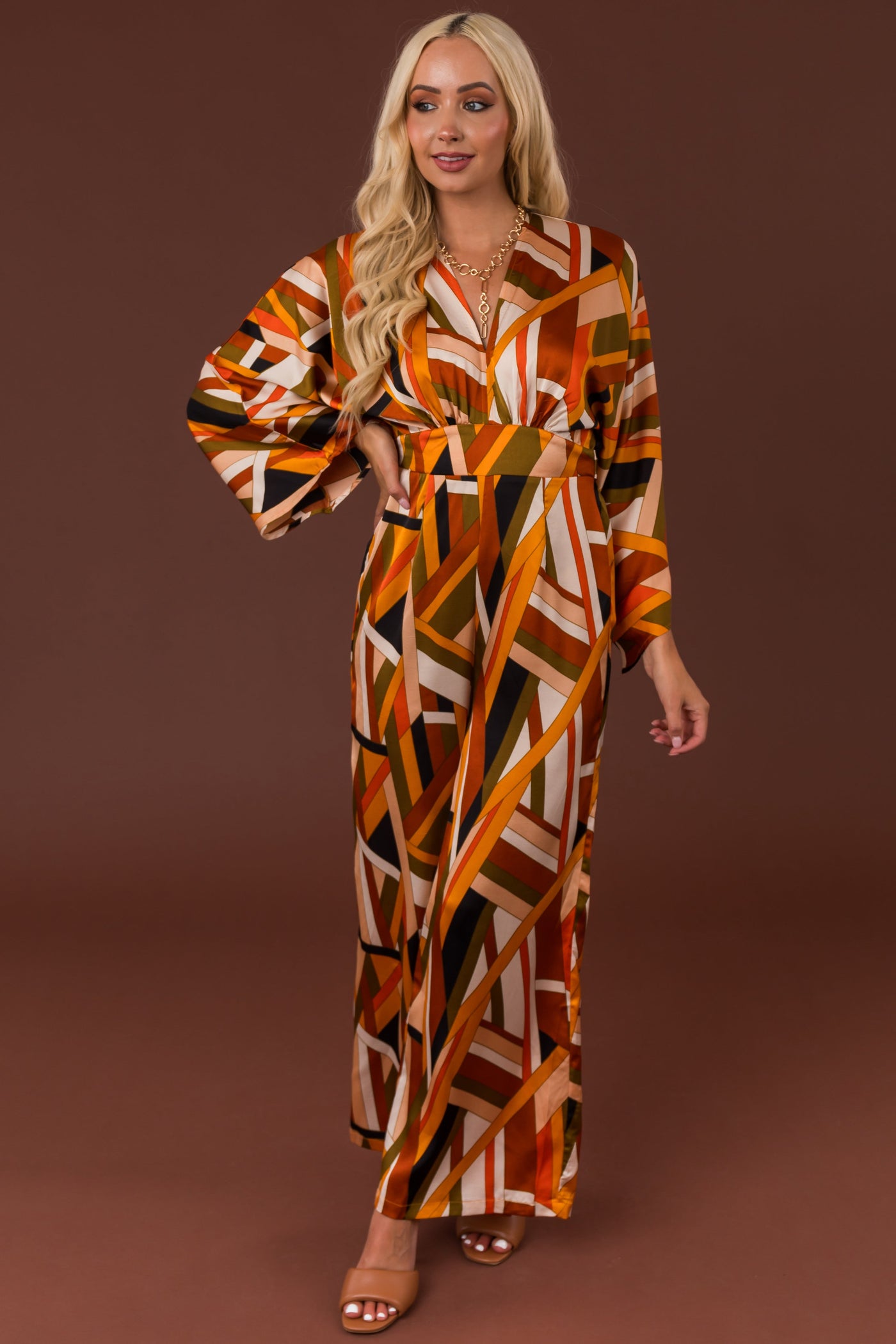 Sunset Geometric Stripe Print Waist Tie Jumpsuit