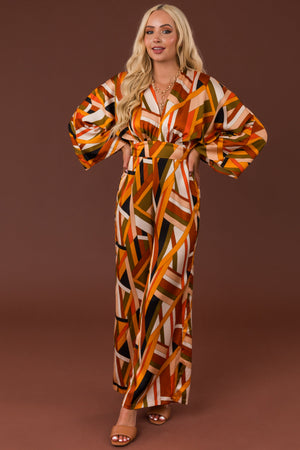 Sunset Geometric Stripe Print Waist Tie Jumpsuit