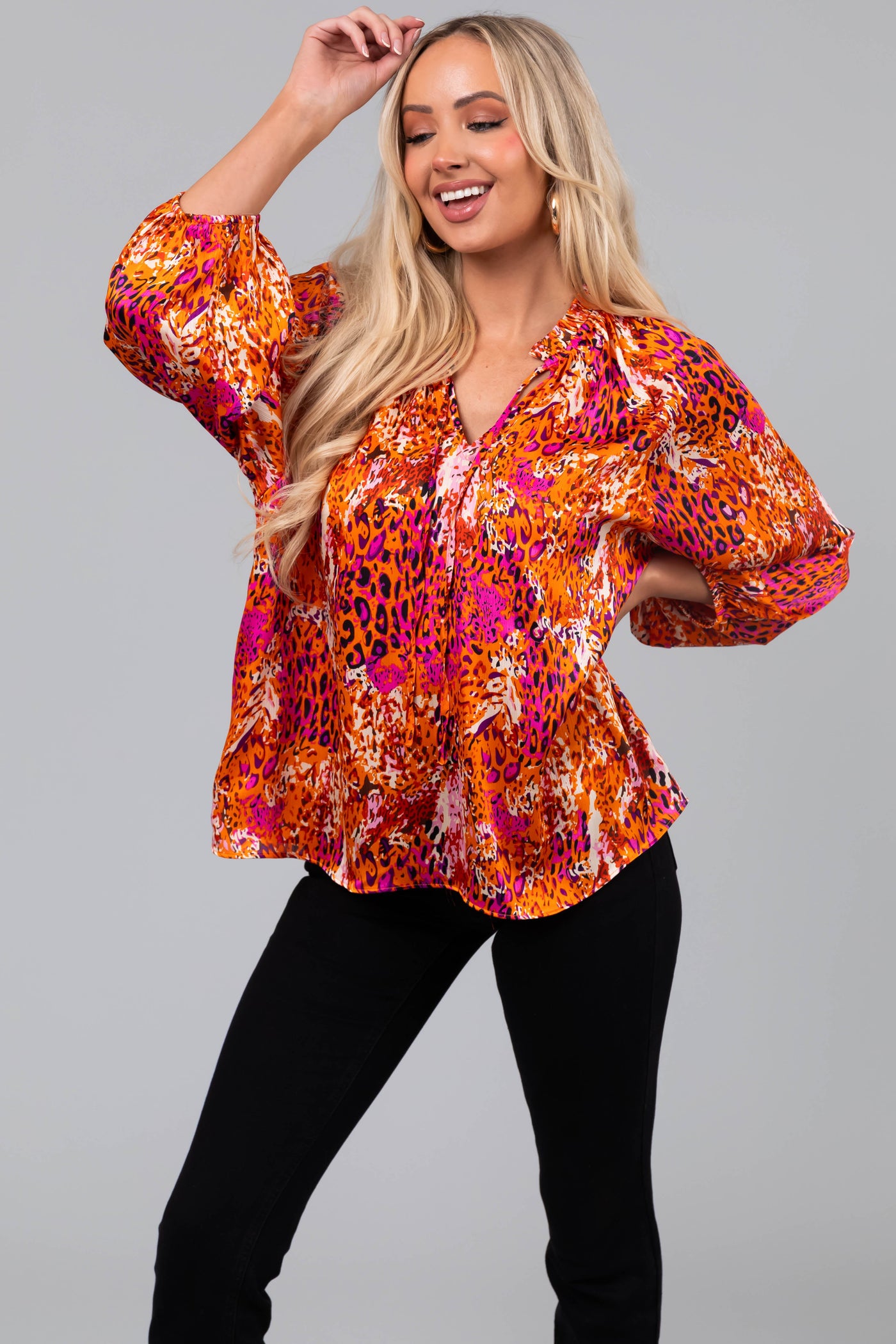 Tangerine Abstract Animal Print 3/4 Sleeve Top