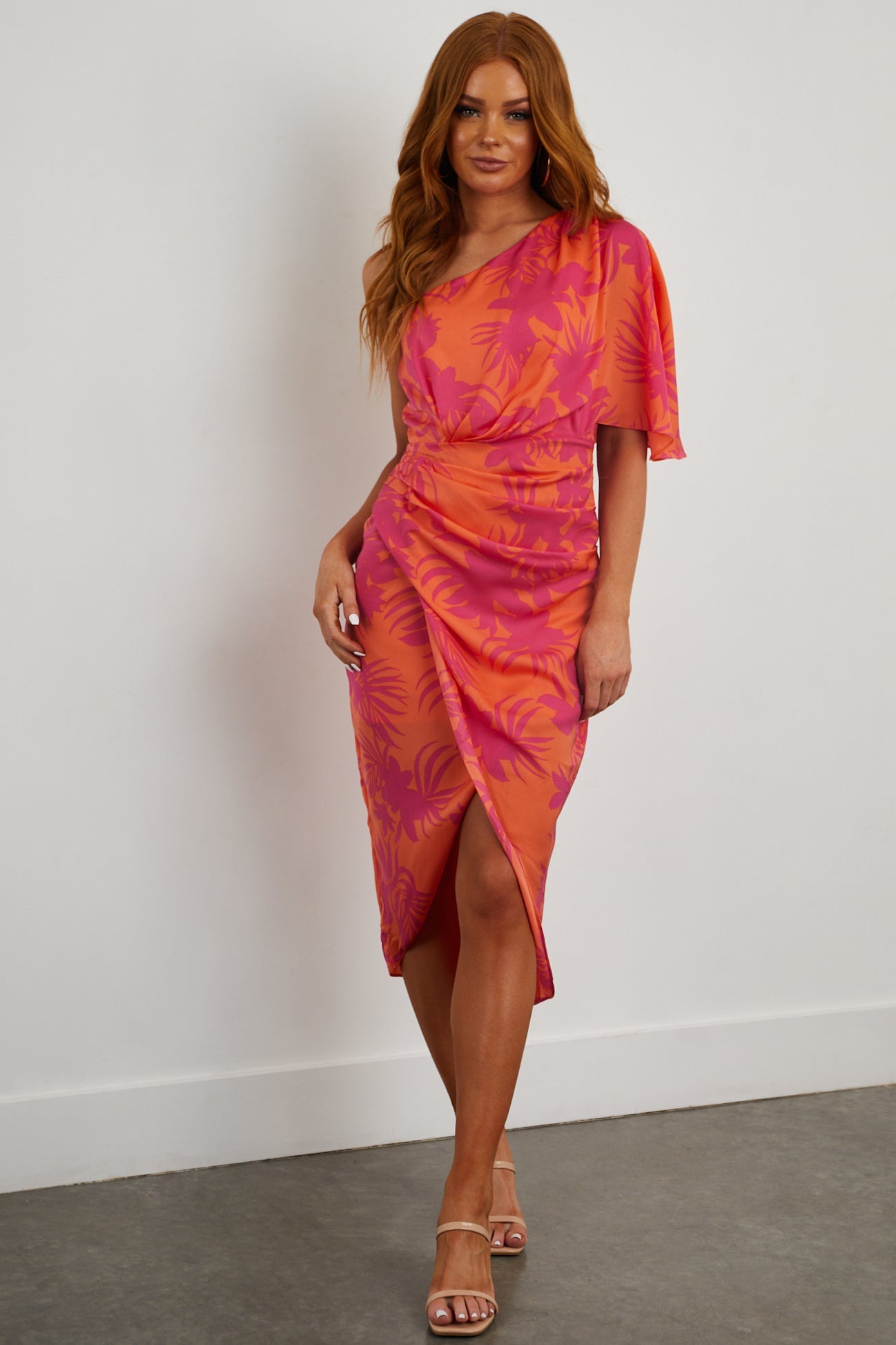 Tangerine Tropical One Shoulder Wrap Dress