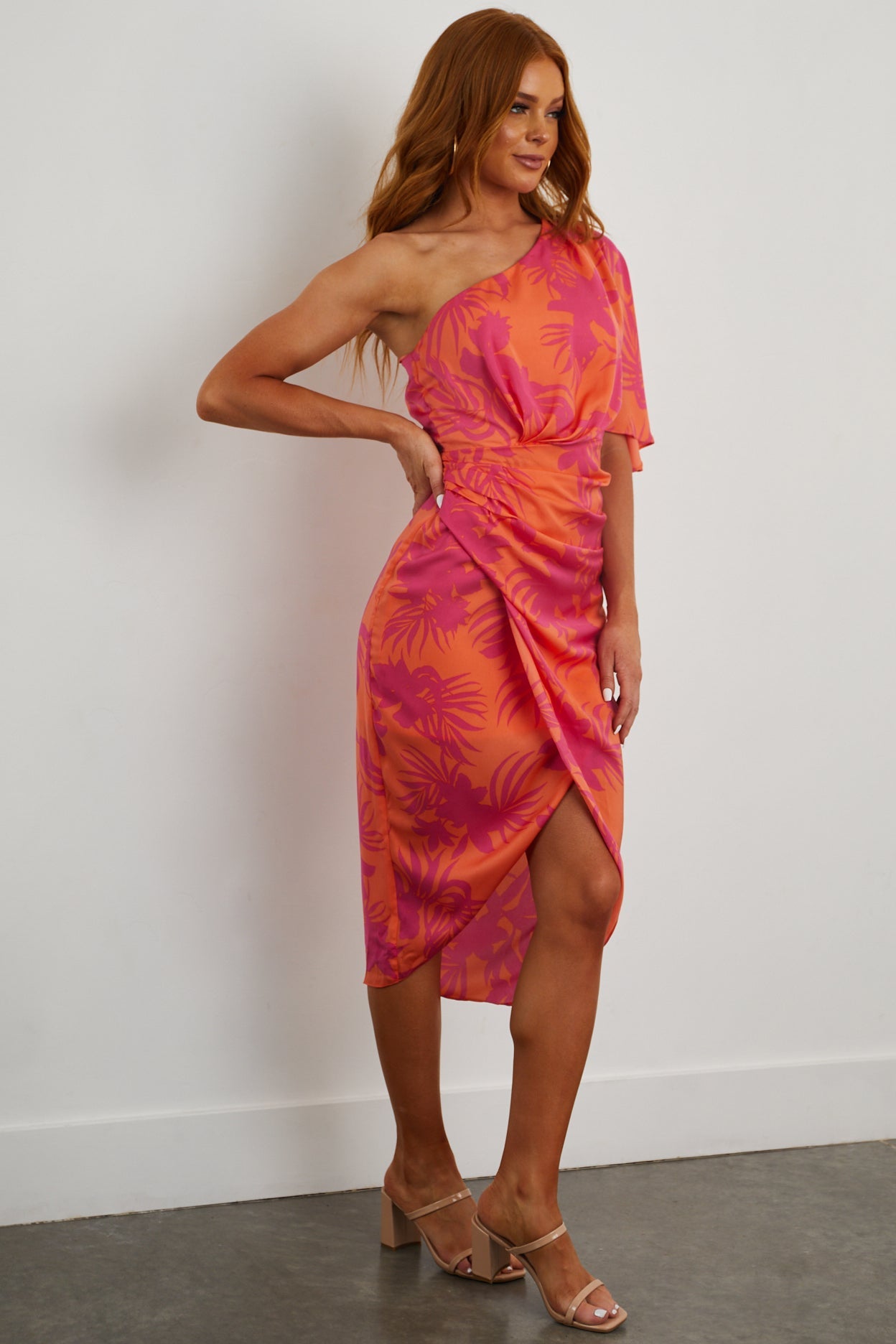 Tangerine Tropical One Shoulder Wrap Dress