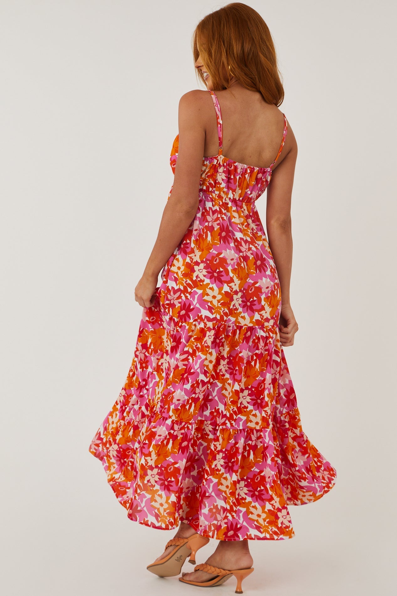 Tangerine and Fuchsia Floral Deep V Maxi Dress