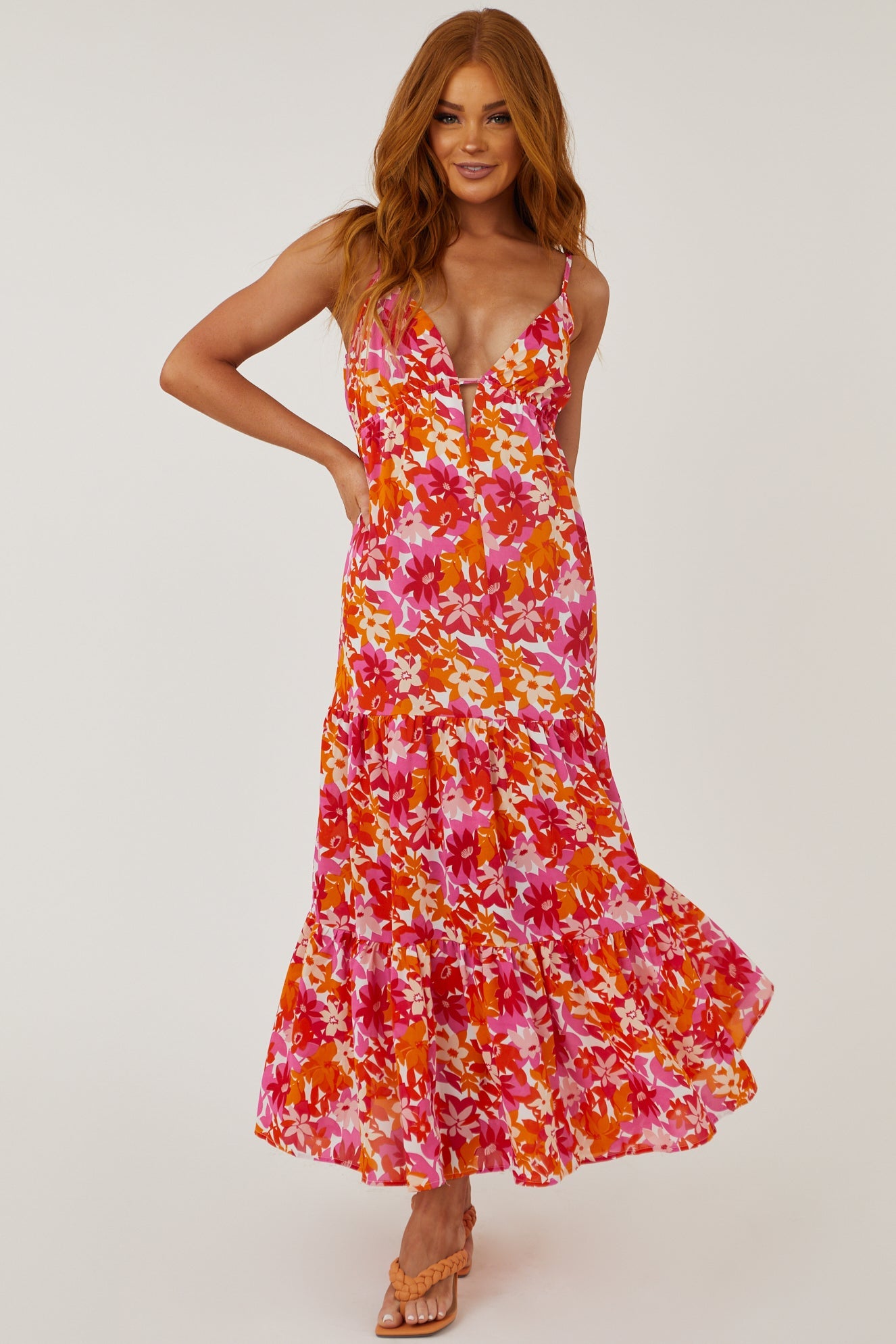 Tangerine and Fuchsia Floral Deep V Maxi Dress