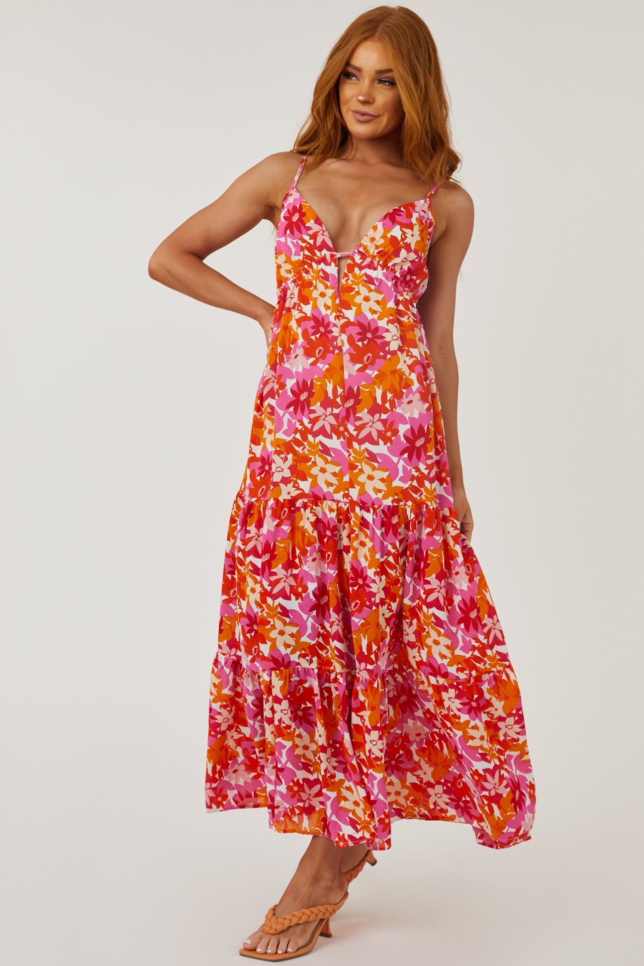 Tangerine and Fuchsia Floral Deep V Maxi Dress