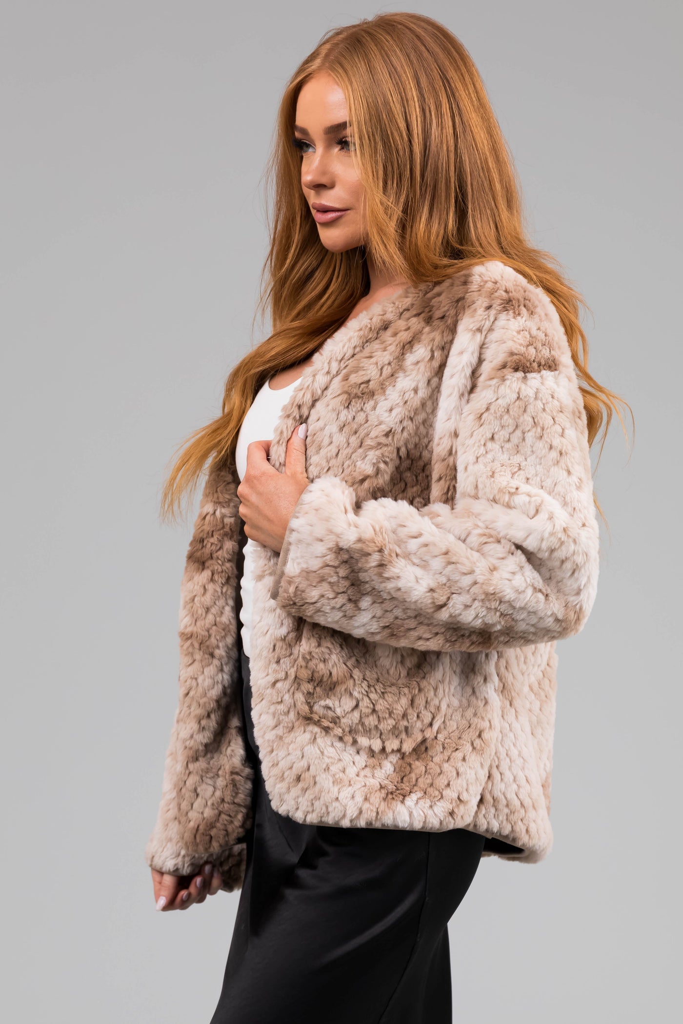 Taupe Faux Fur Open Front Jacket with Pockets
