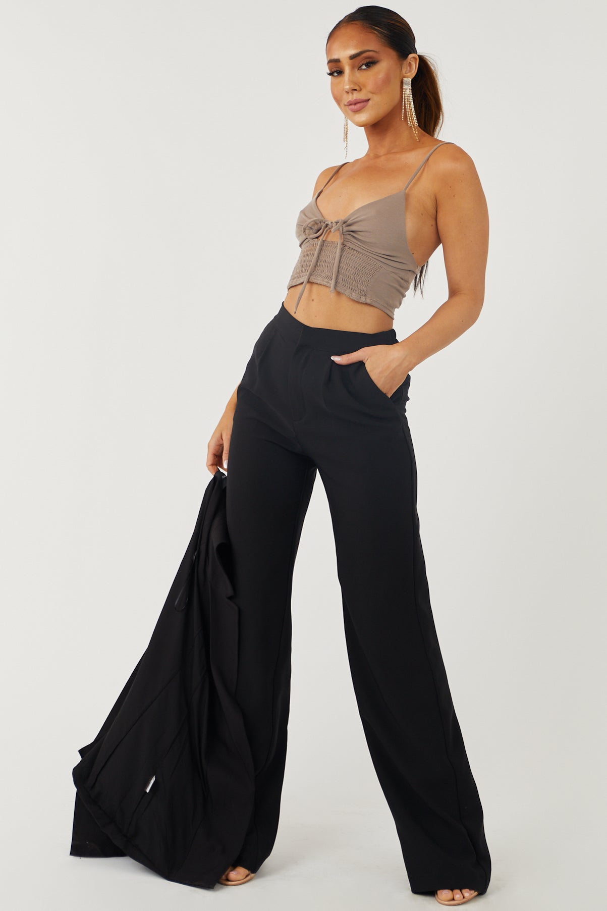 Taupe Smocked Cut Out Cropped Cami Top