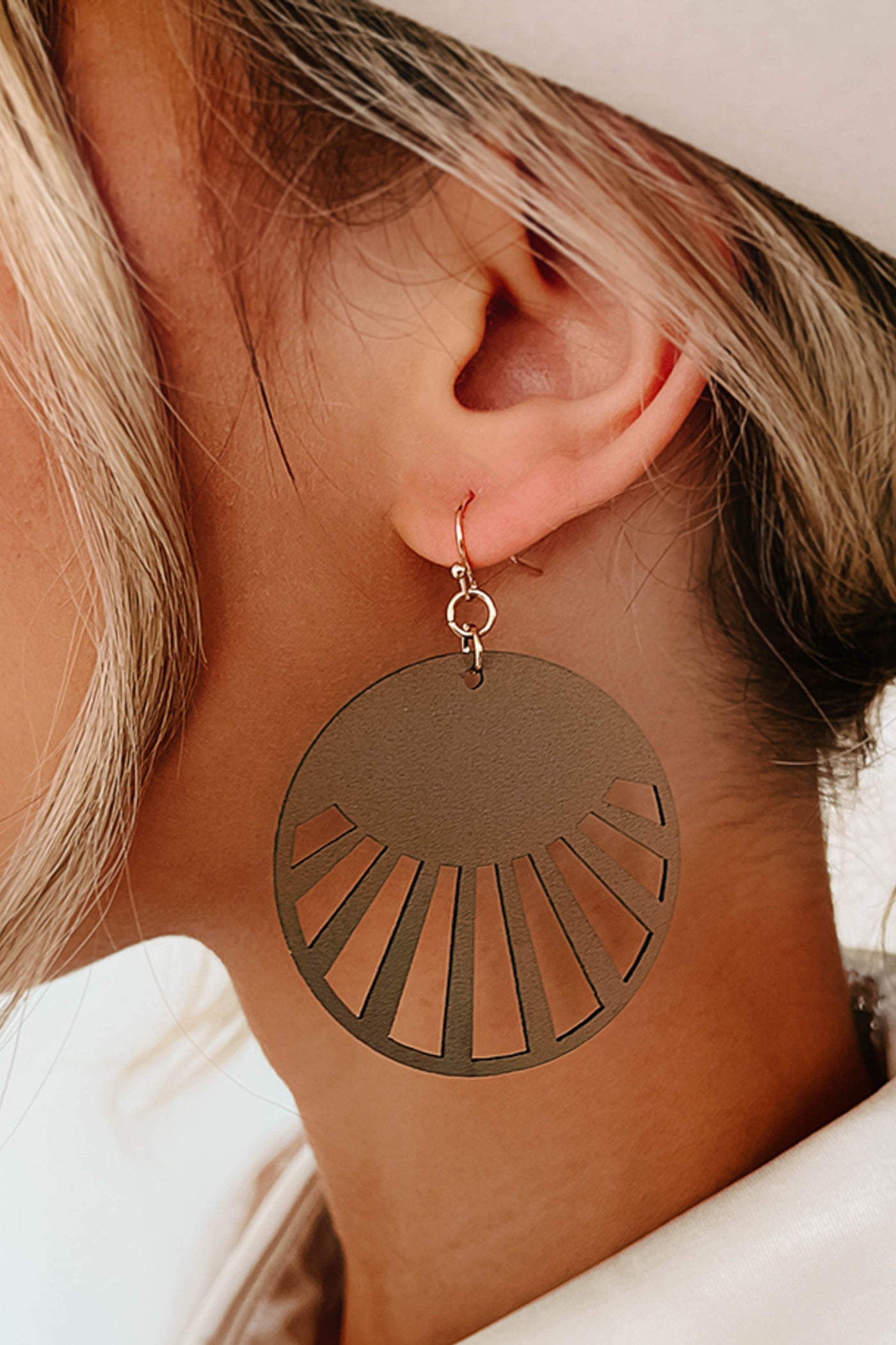 Taupe Circle Laser Cut Dangle Earrings