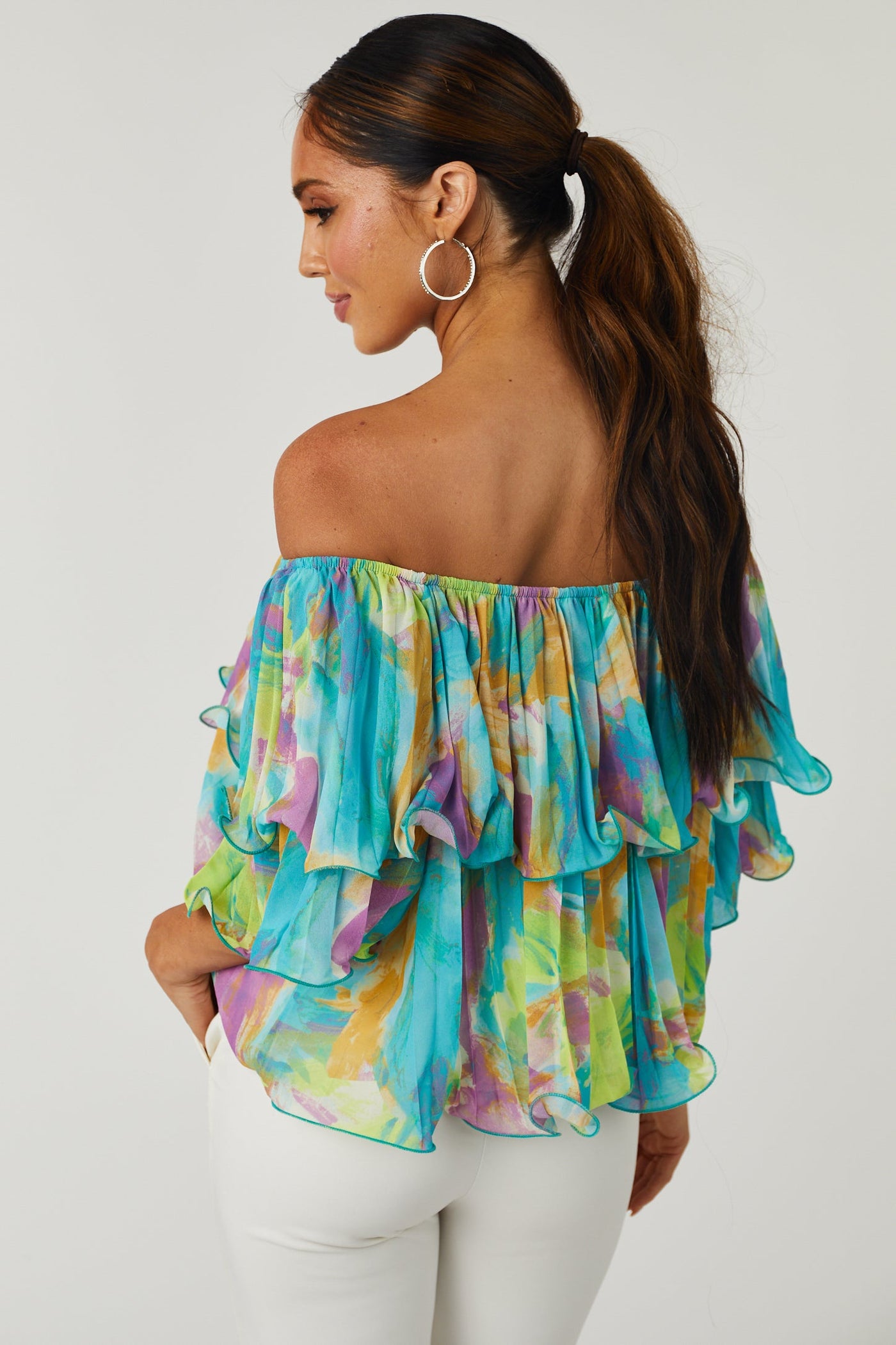Teal Abstract Print Off Shoulder Pleated Top