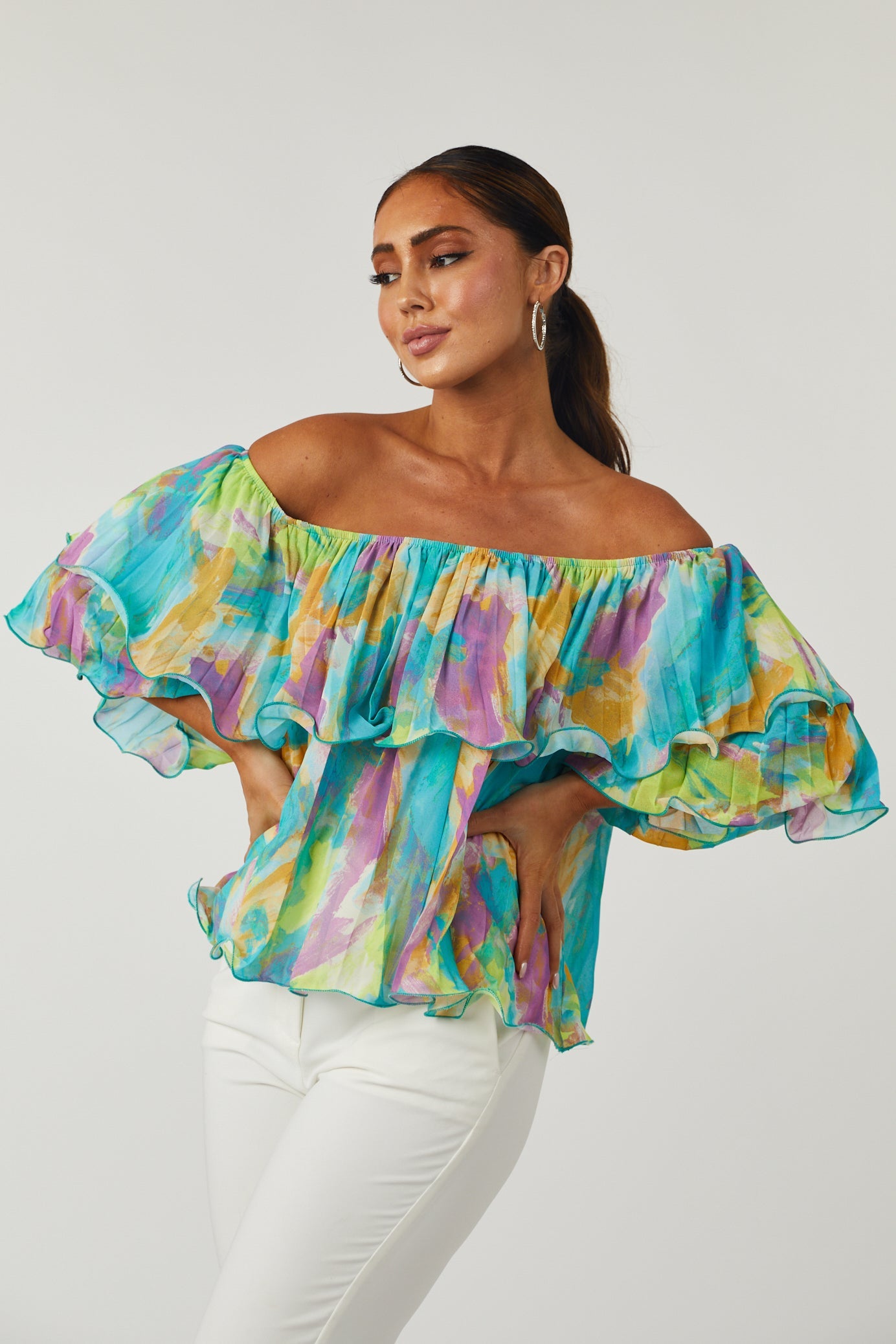 Teal Abstract Print Off Shoulder Pleated Top