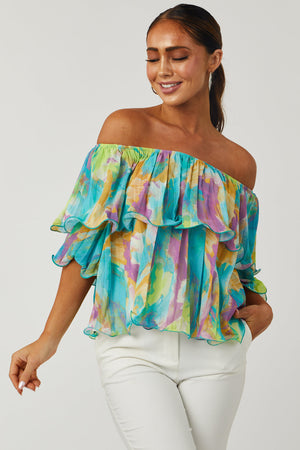 Teal Abstract Print Off Shoulder Pleated Top