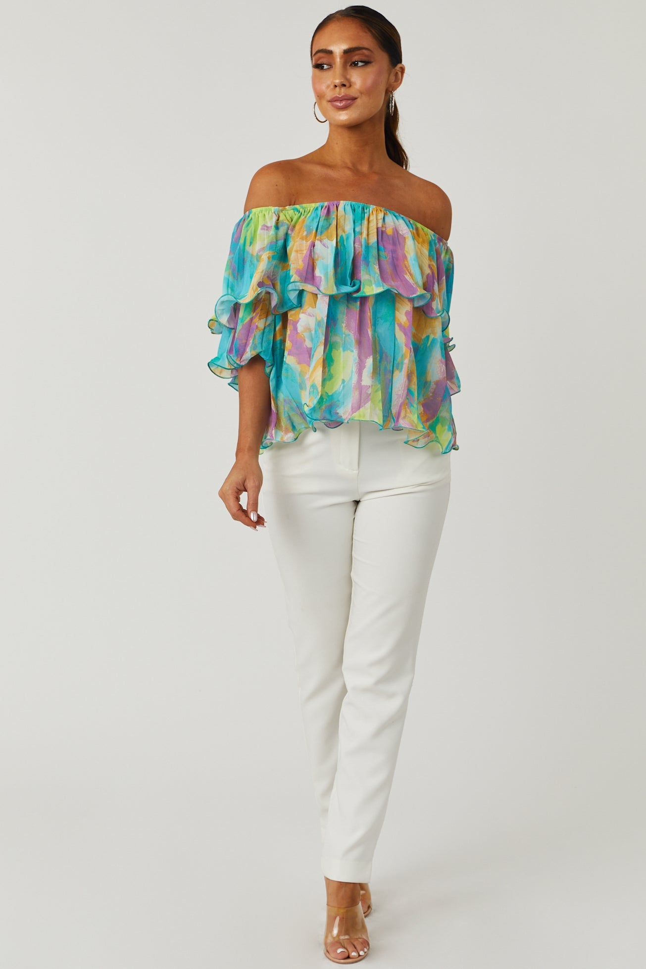 Teal Abstract Print Off Shoulder Pleated Top