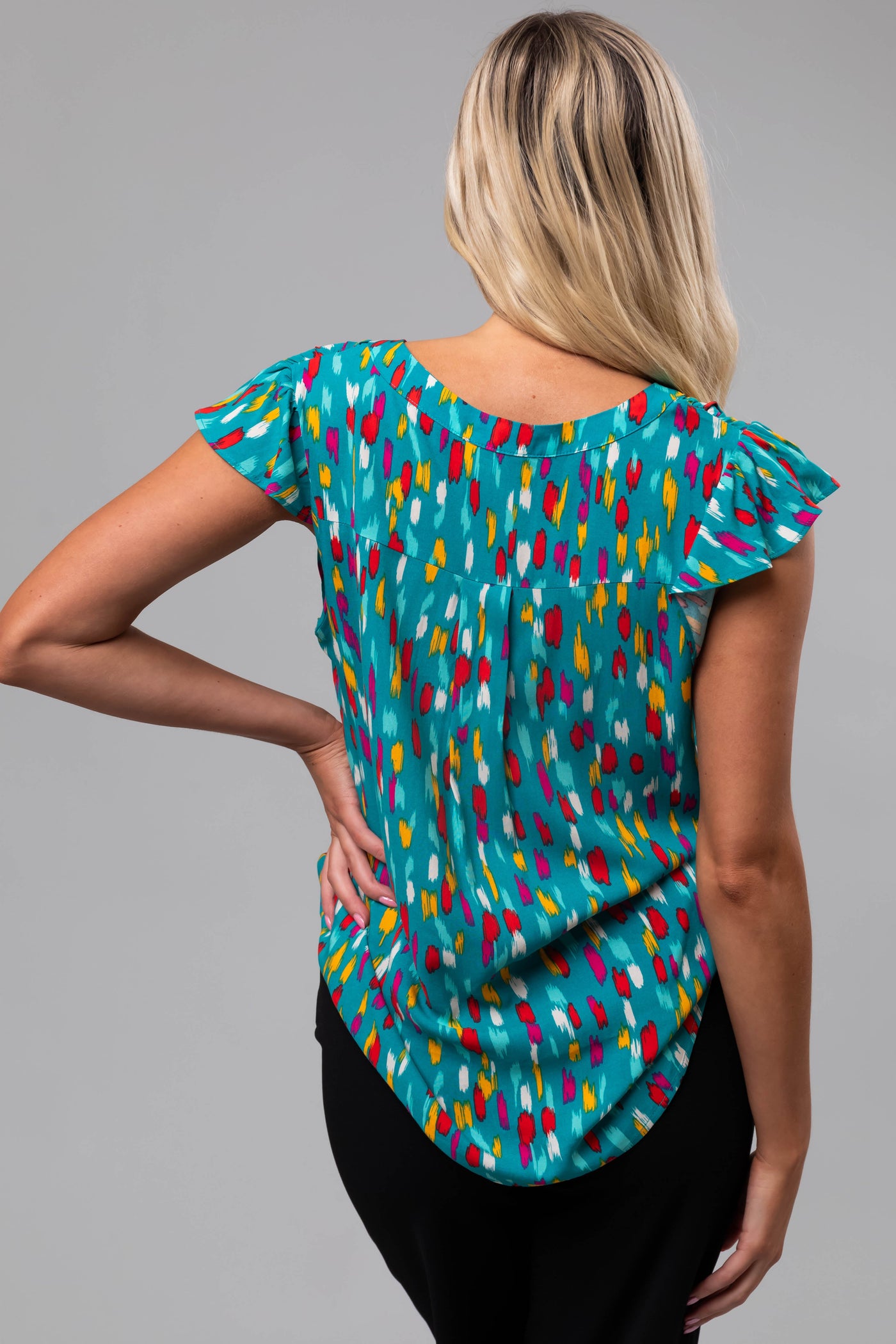 Teal Brush Stroke Notch Neck Ruffle Sleeve Top