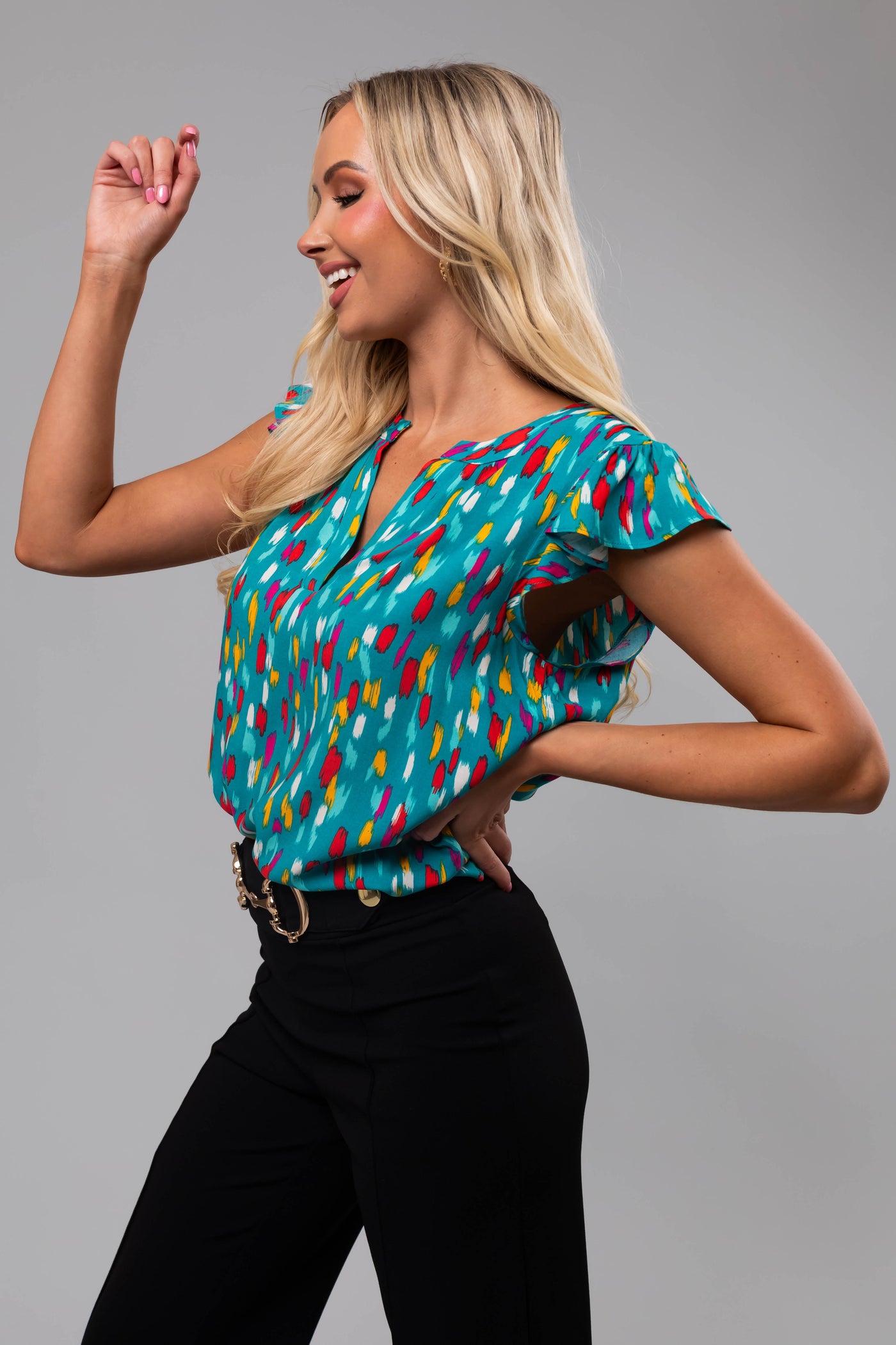 Teal Brush Stroke Notch Neck Ruffle Sleeve Top