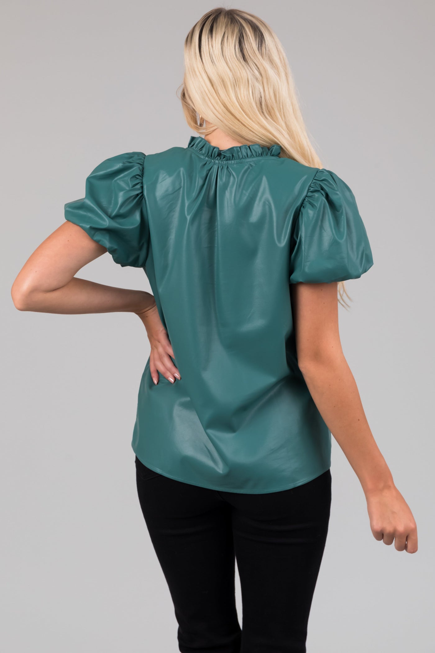 Teal Faux Leather Short Sleeve V Neck Top