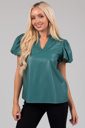 Teal Faux Leather Short Sleeve V Neck Top