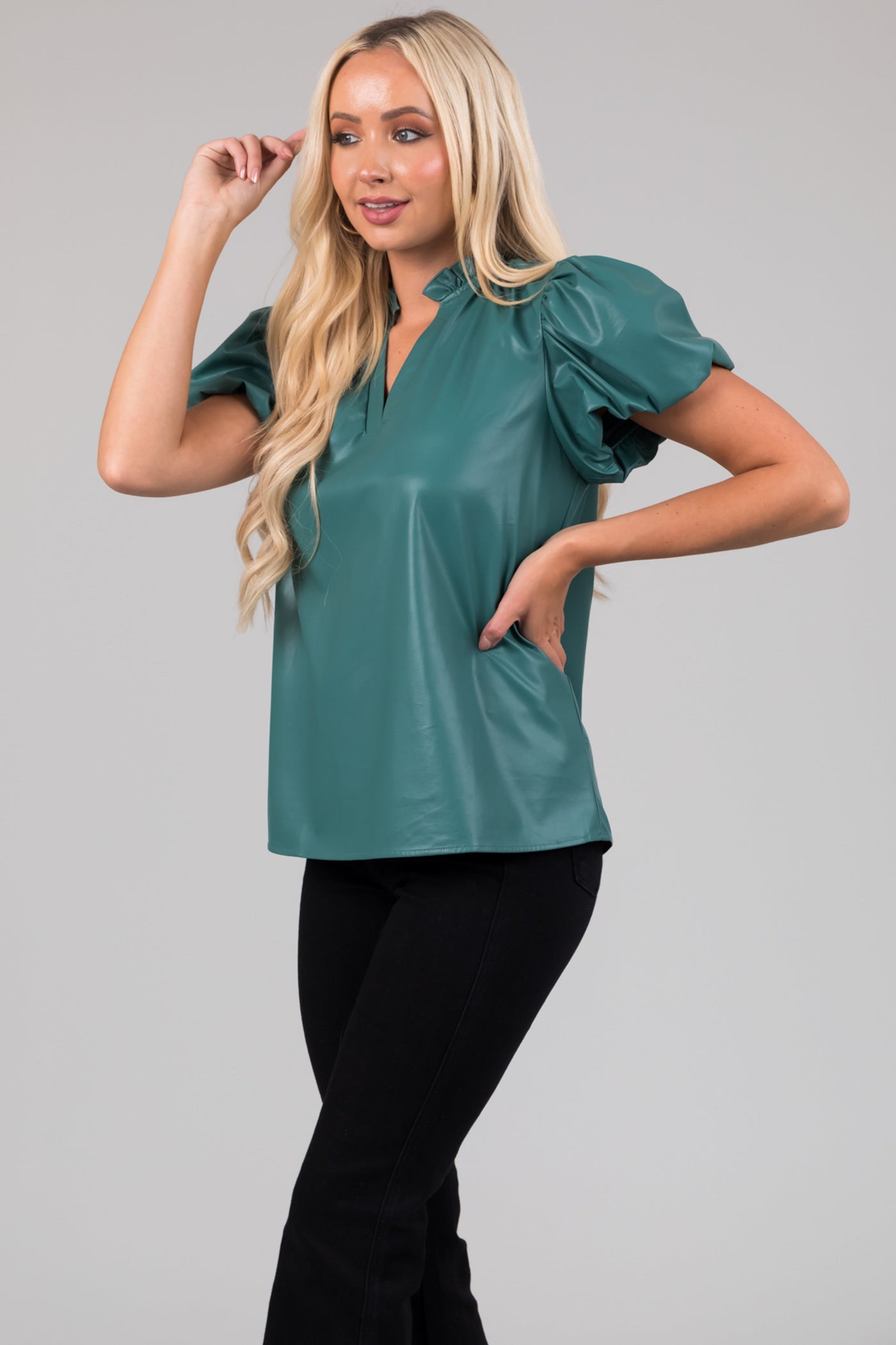 Teal Faux Leather Short Sleeve V Neck Top