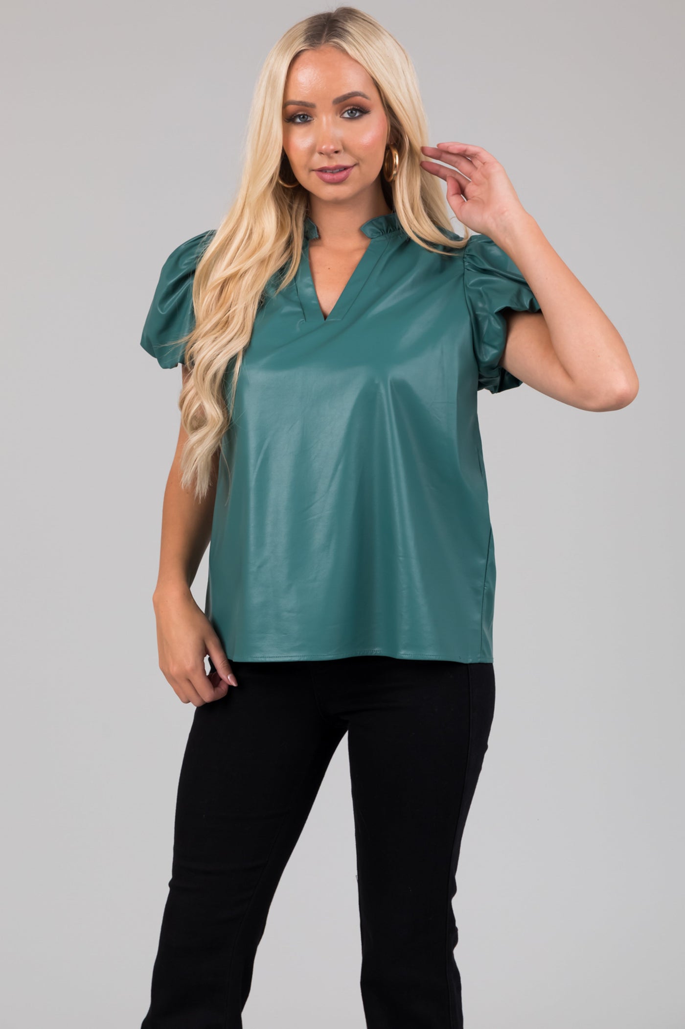 Teal Faux Leather Short Sleeve V Neck Top