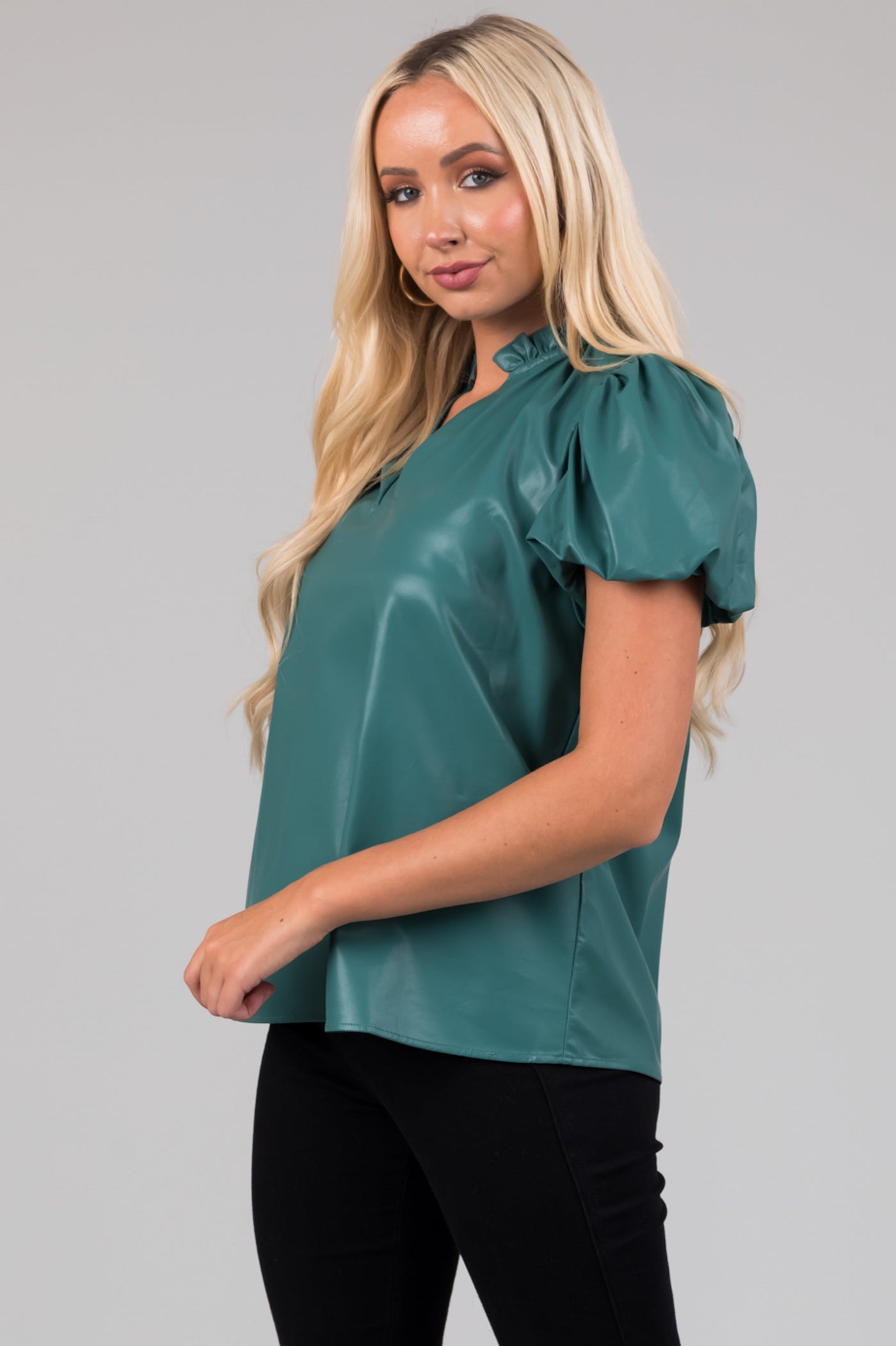 Teal Faux Leather Short Sleeve V Neck Top