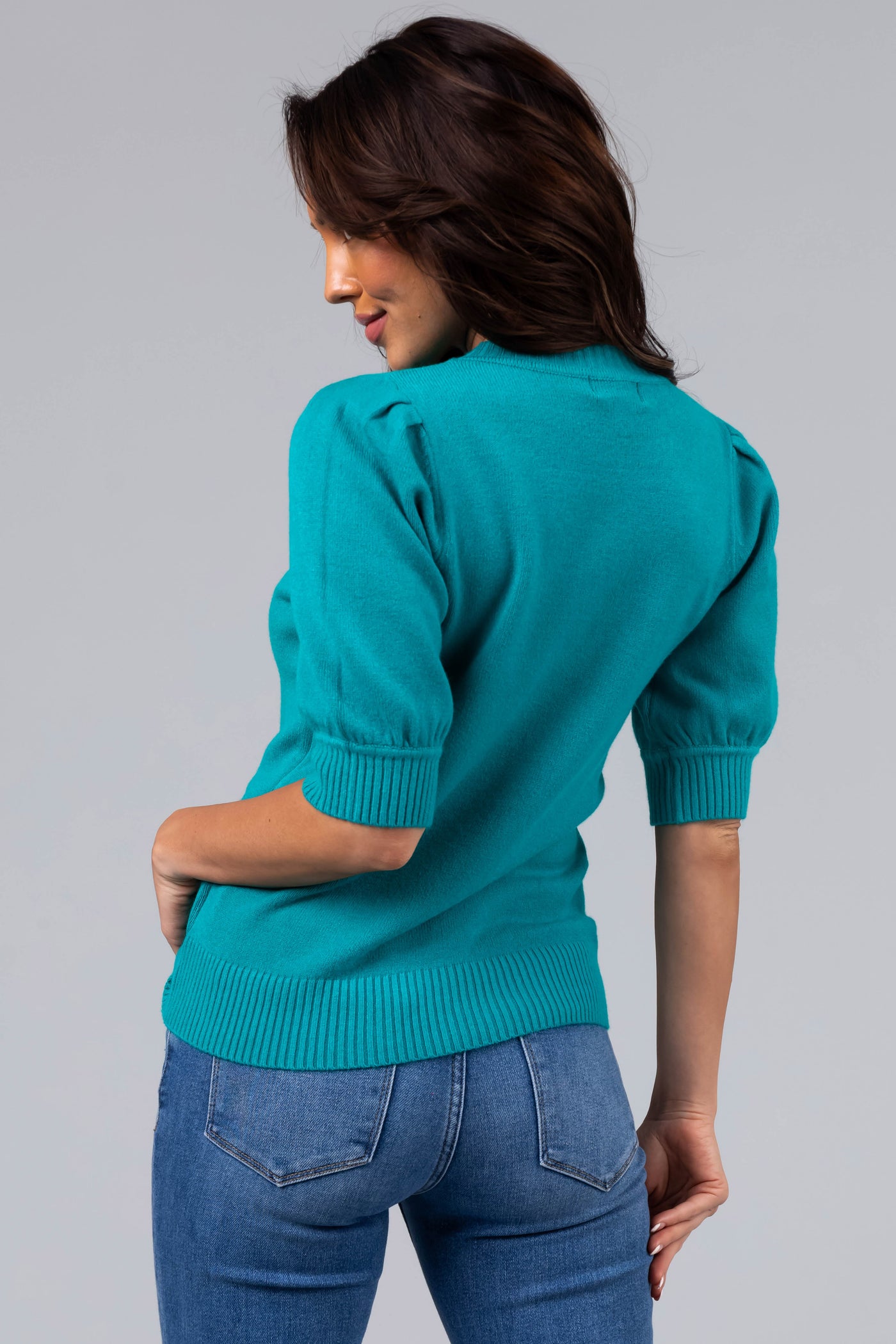 Teal Half Puff Sleeve Solid Sweater