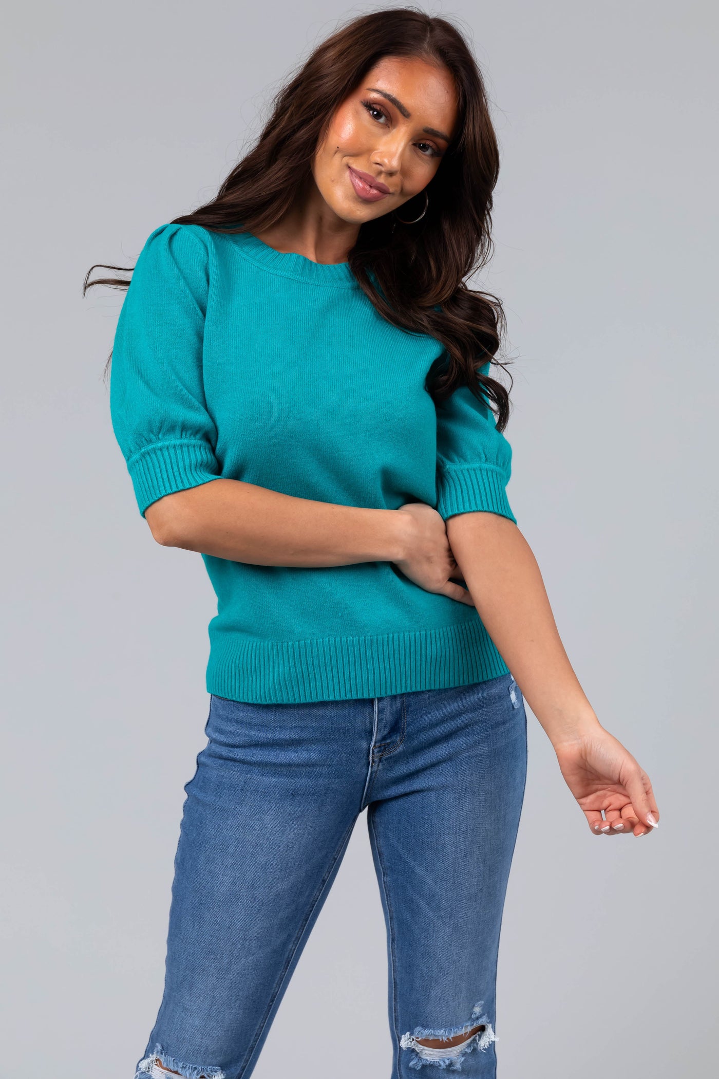 Teal Half Puff Sleeve Solid Sweater