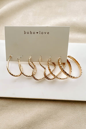 Textured Gold Assorted Shape 3 Pack Earrings