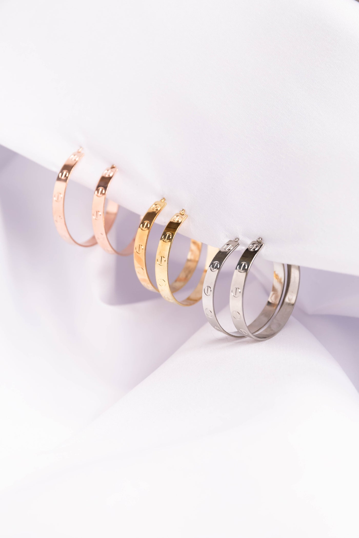 Tri Tone Stamped Hoop Earrings Set