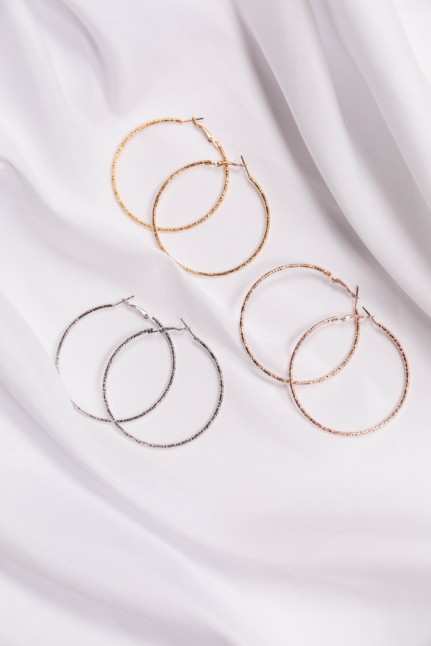 Tri Tone Textured Hoop Earrings Set