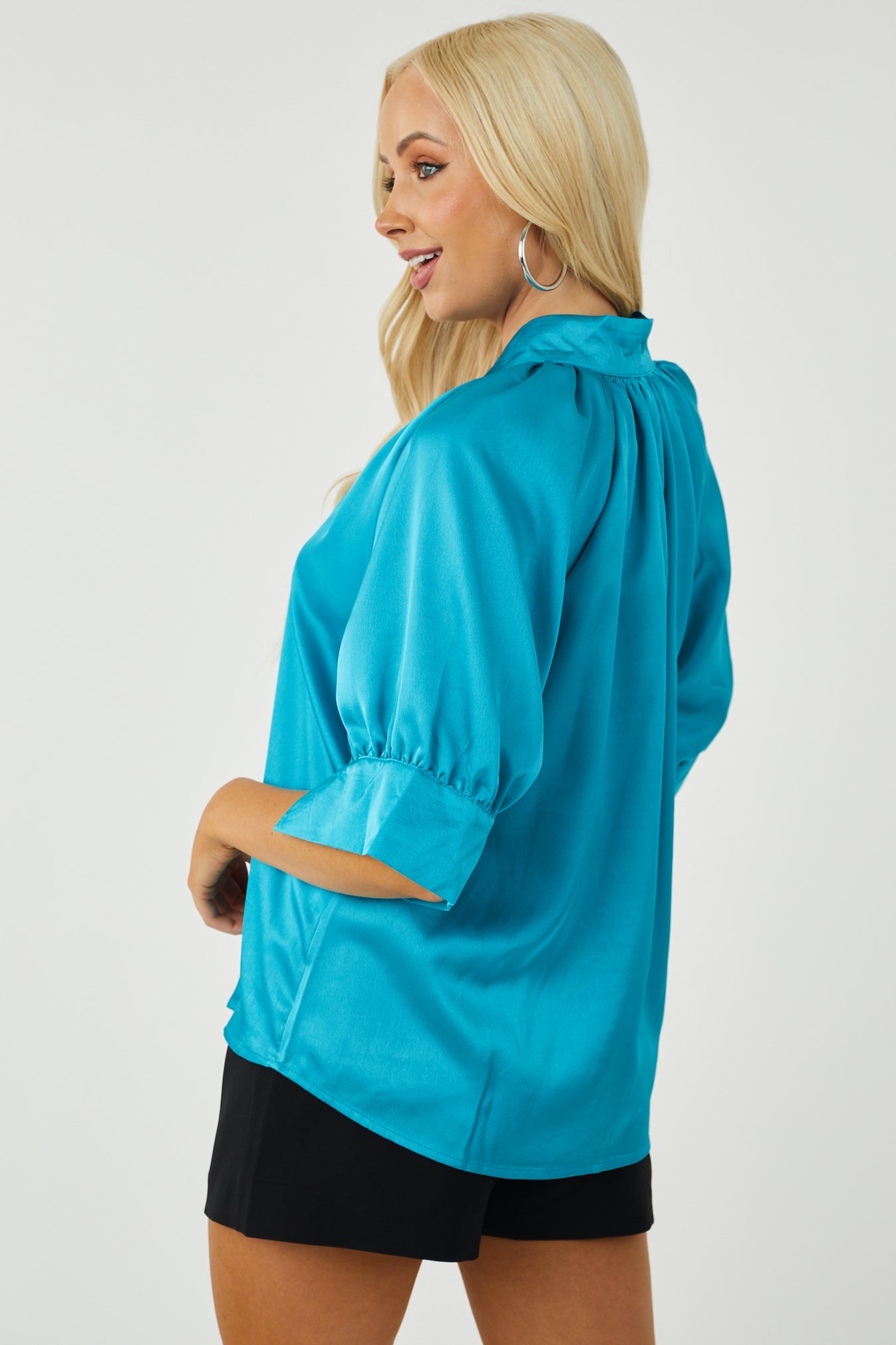 Turquoise Collared V Neck Short Sleeve Satin Top