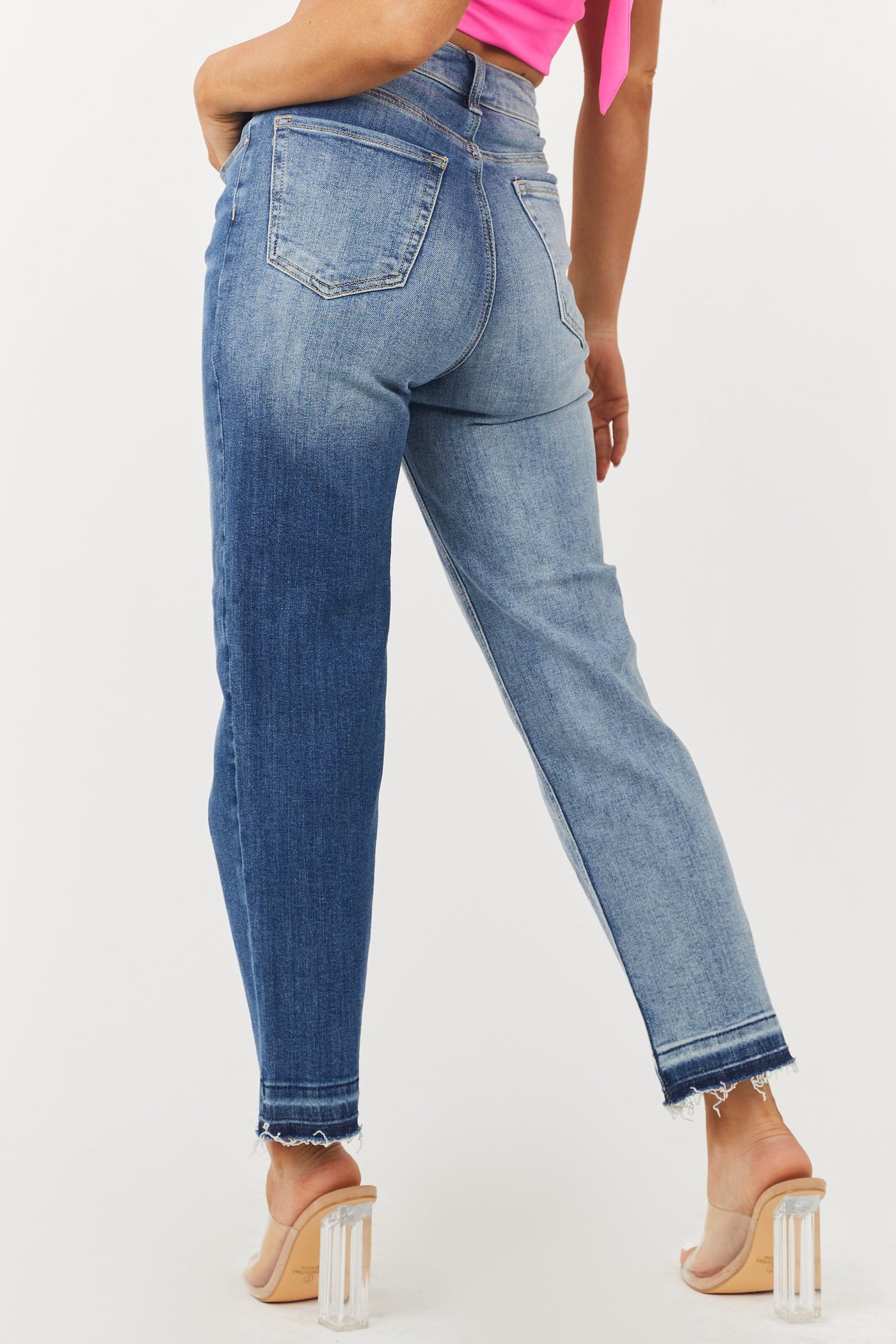 Two Tone High Rise Crossover Waist Straight Jeans