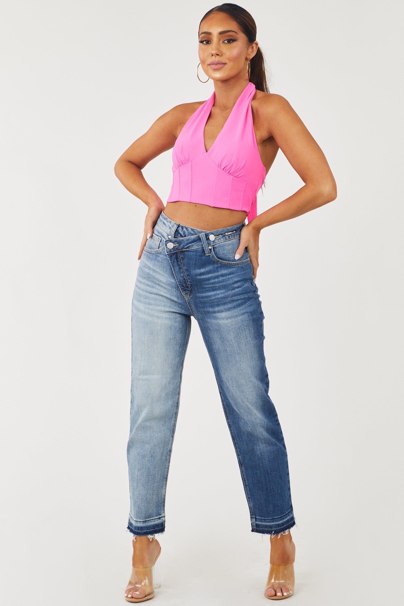 Two Tone High Rise Crossover Waist Straight Jeans