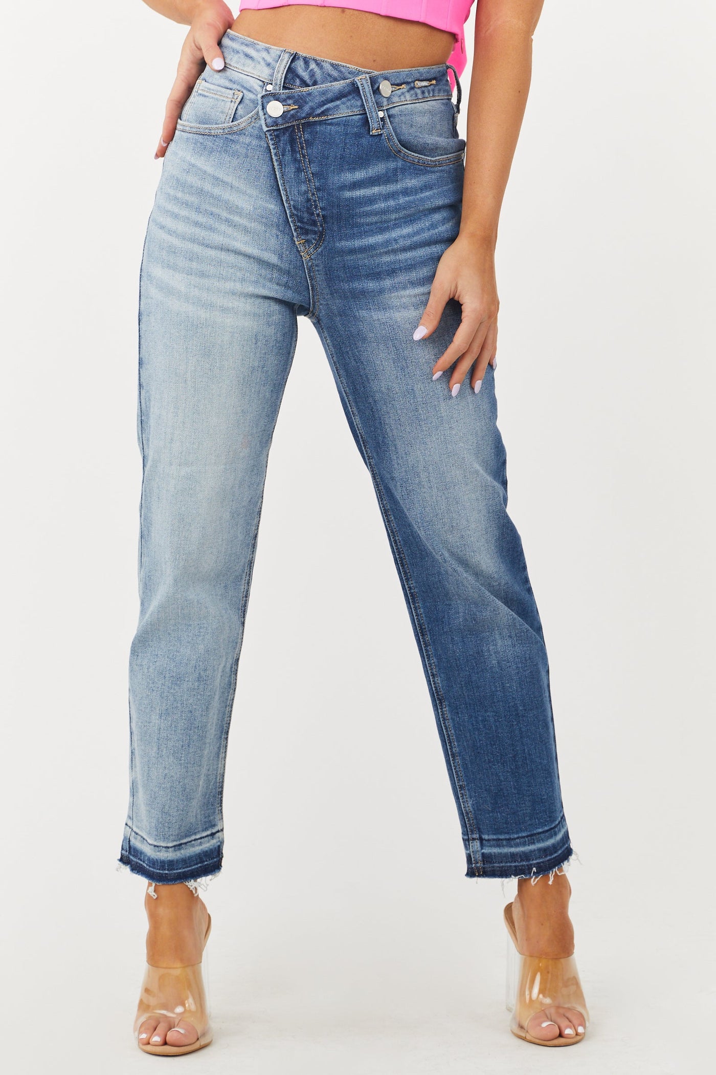 Two Tone High Rise Crossover Waist Straight Jeans