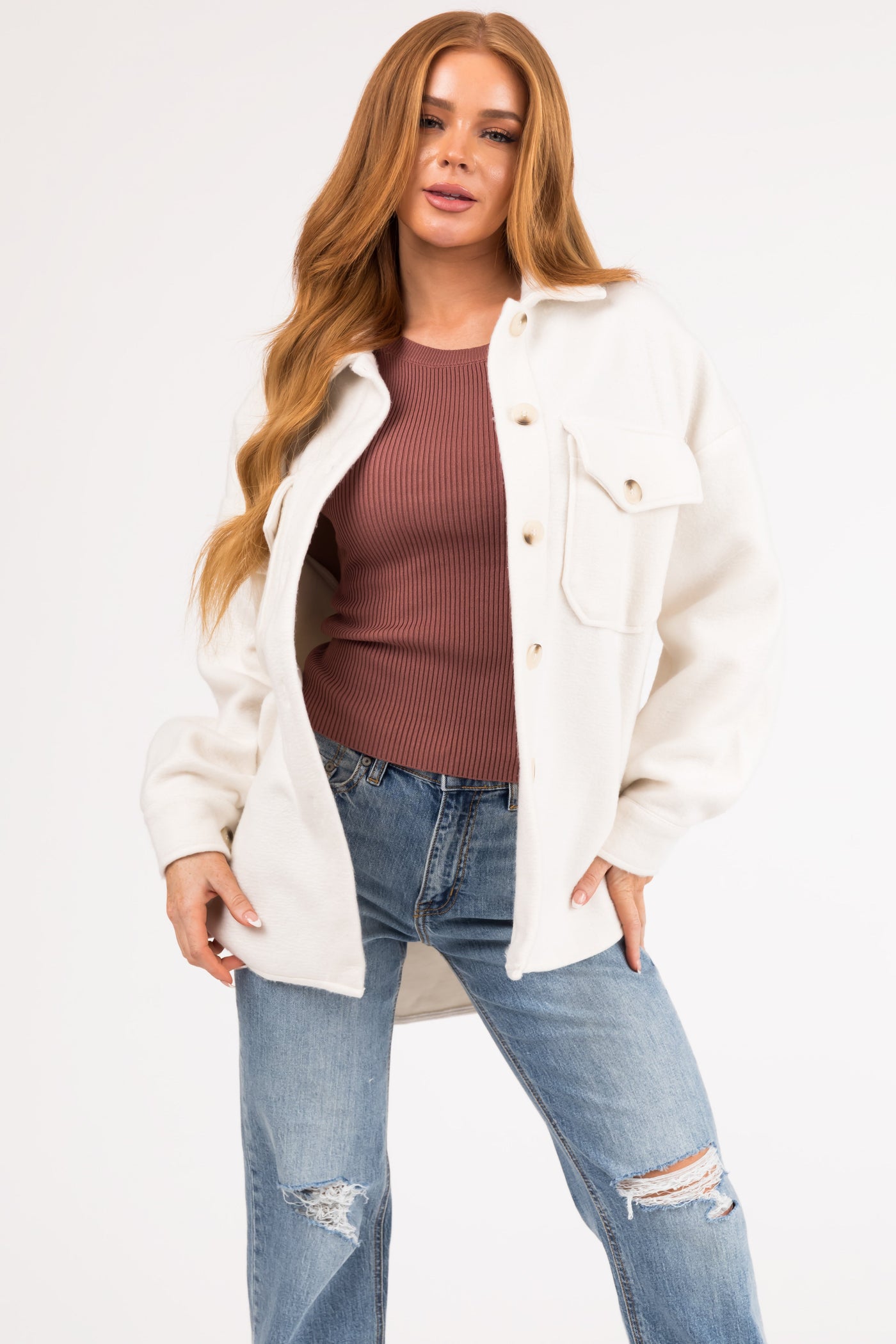 Vanilla Button Down Shacket with Chest Pockets