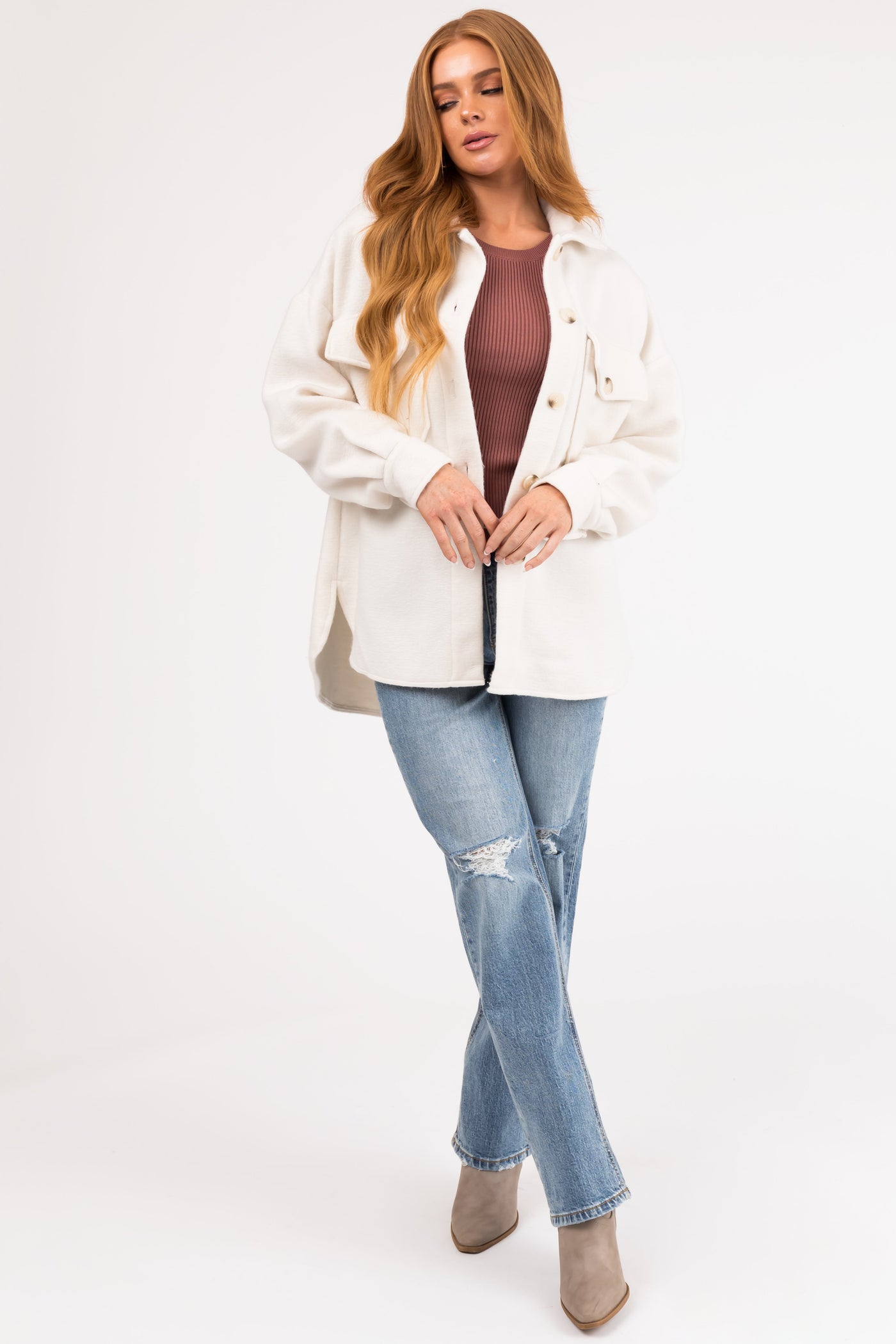 Vanilla Button Down Shacket with Chest Pockets