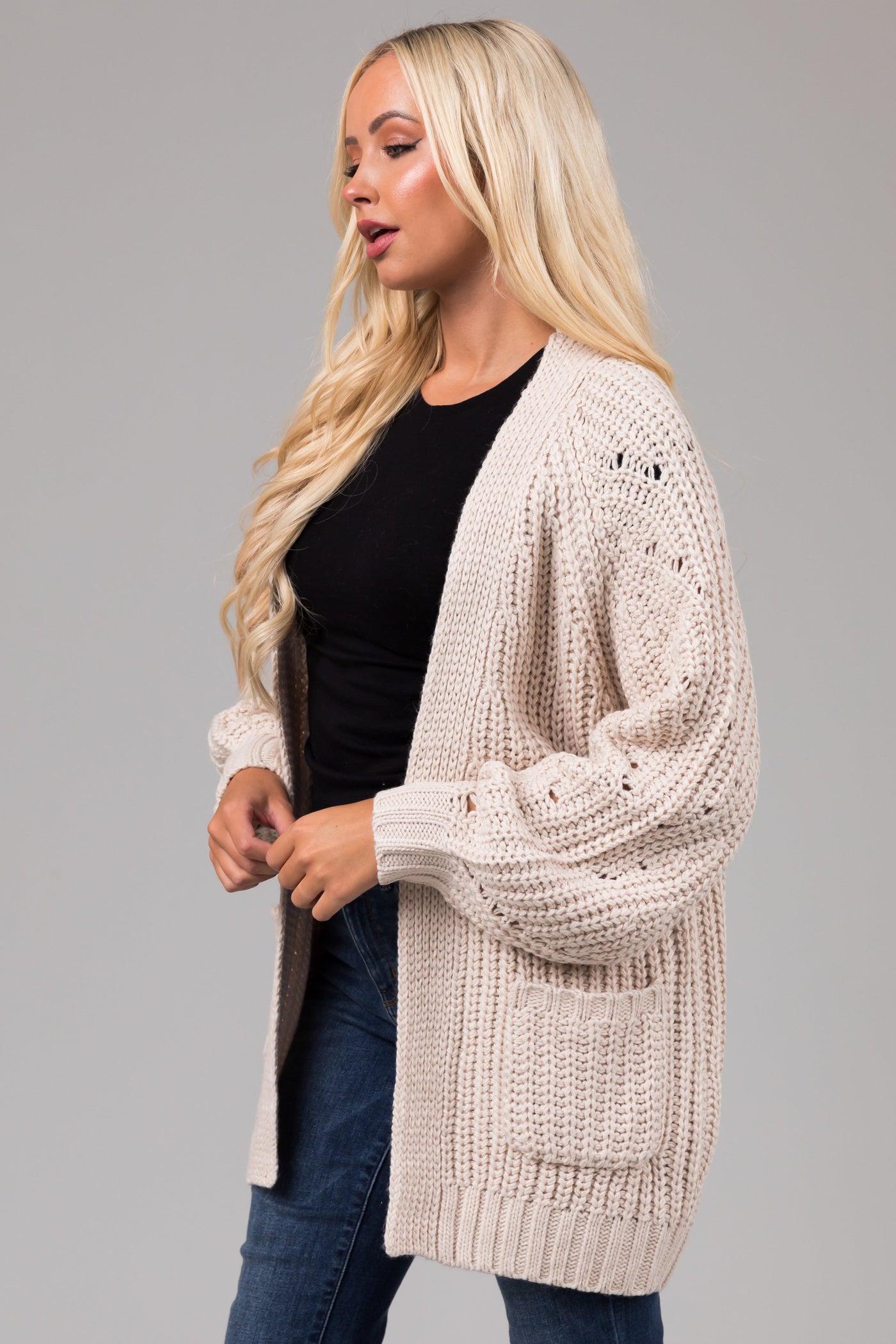 Vanilla Chunky Knit Open Cardigan with Pockets
