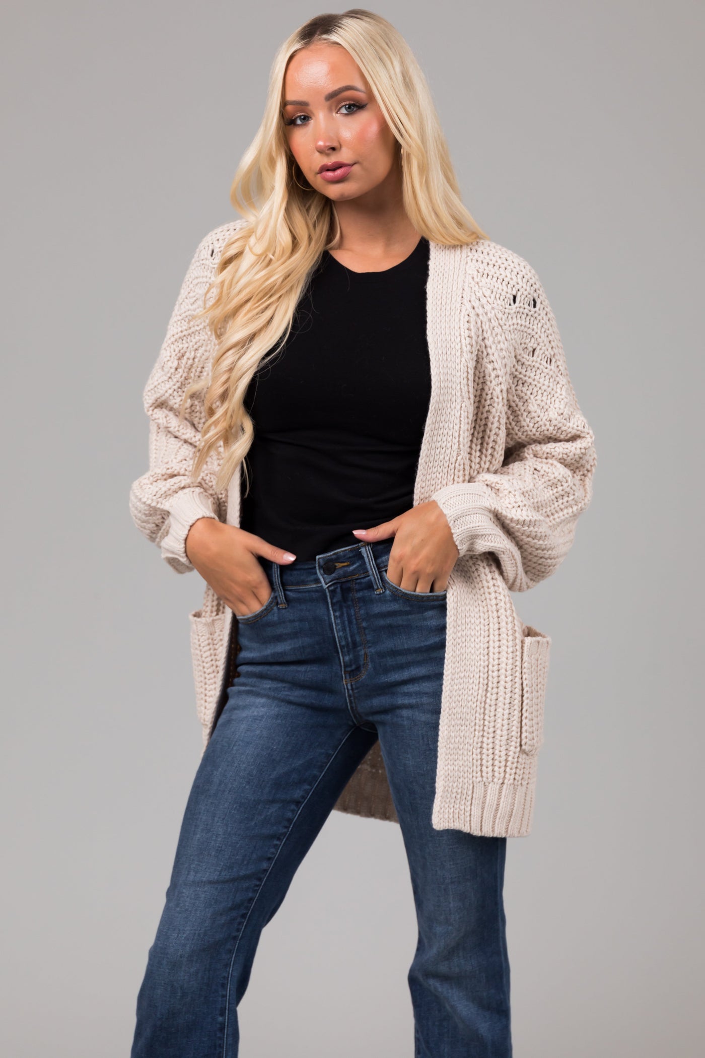 Vanilla Chunky Knit Open Cardigan with Pockets