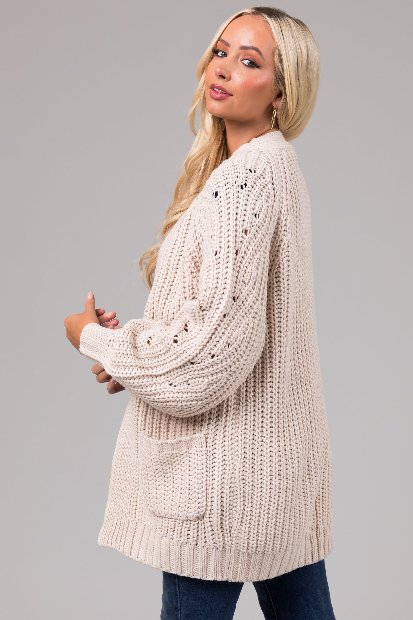 Vanilla Chunky Knit Open Cardigan with Pockets