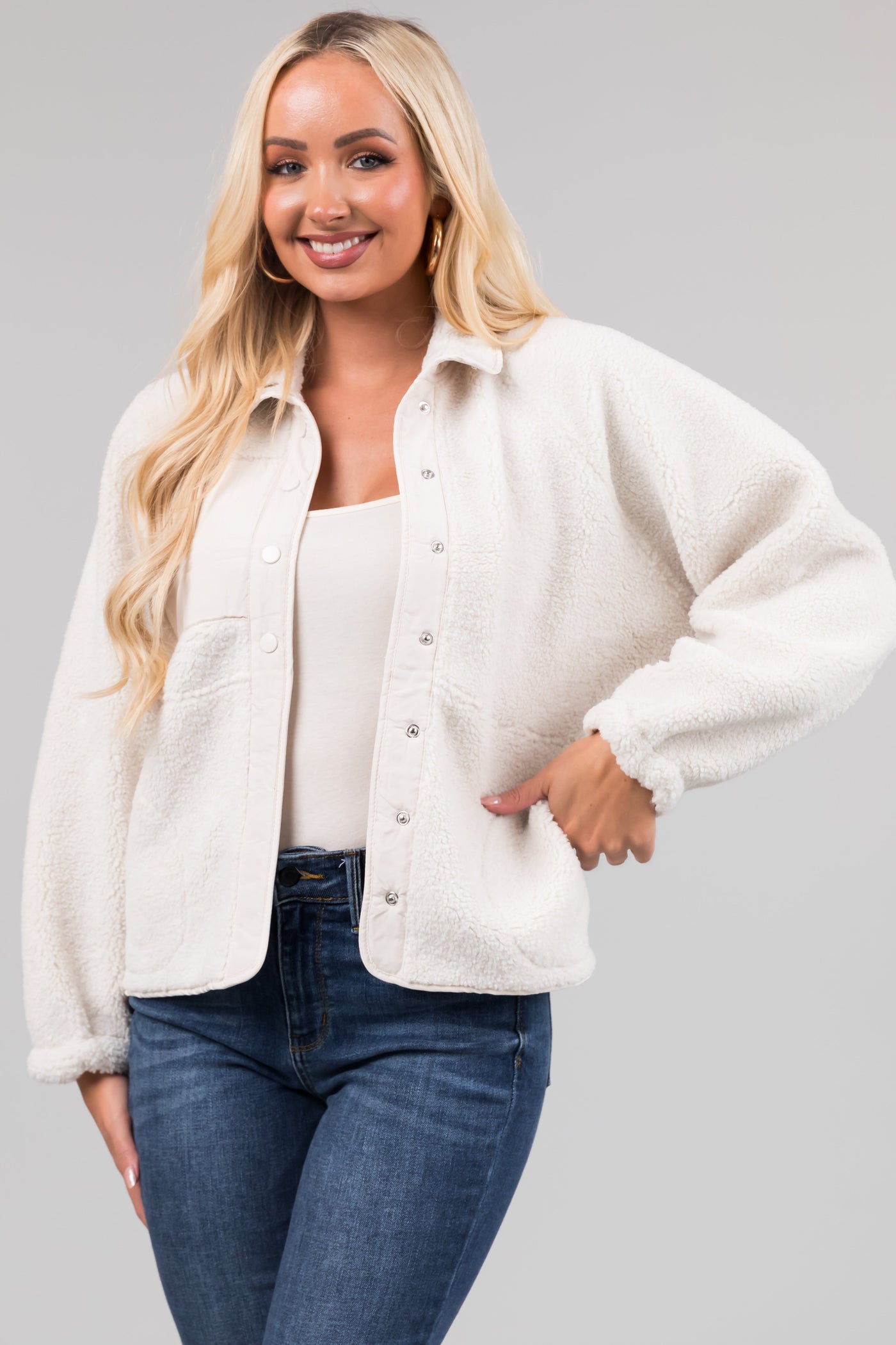 Vanilla Snap Button Down Sherpa Jacket
