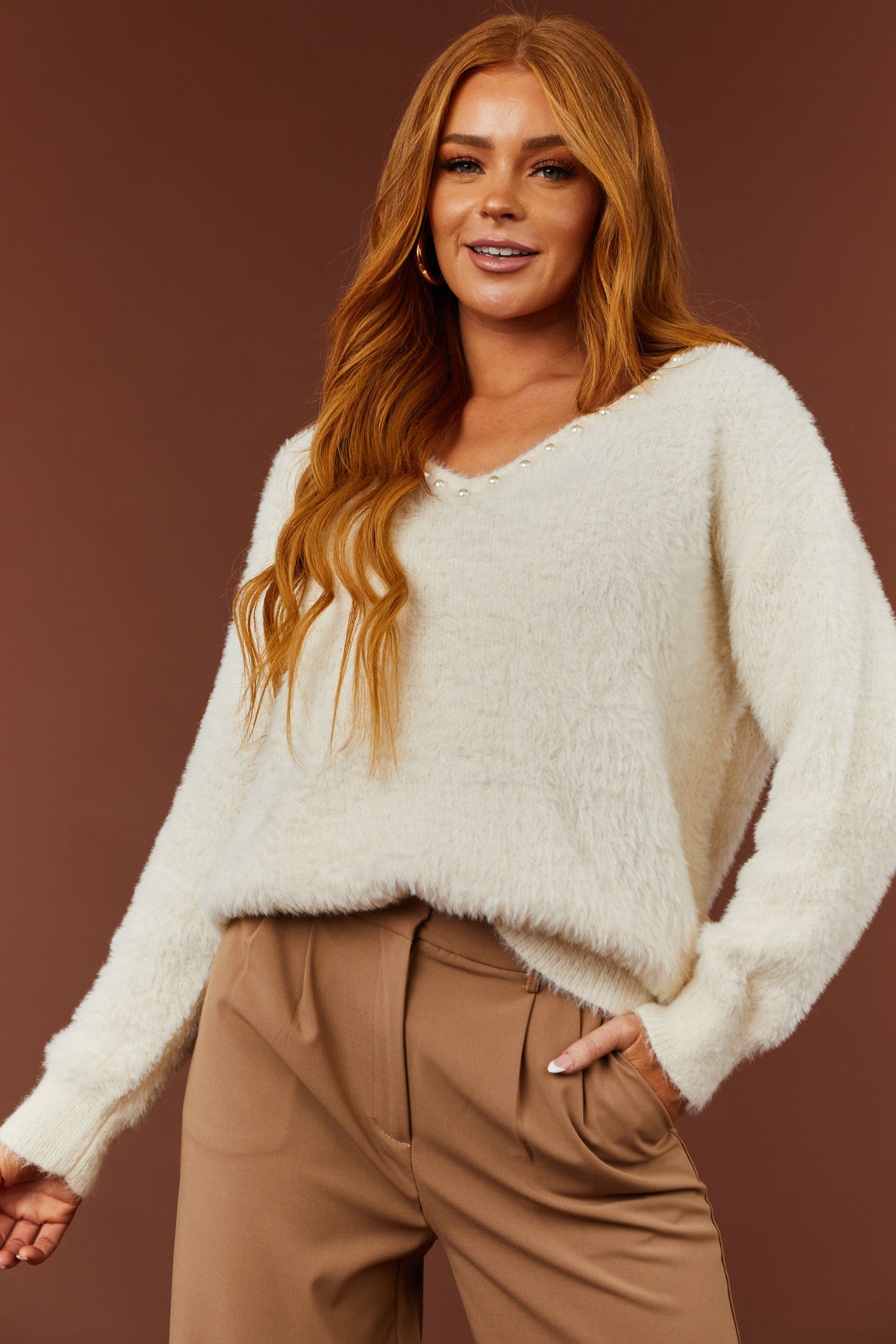 Vanilla V Neck Pearl Trim Detail Fuzzy Knit Sweater