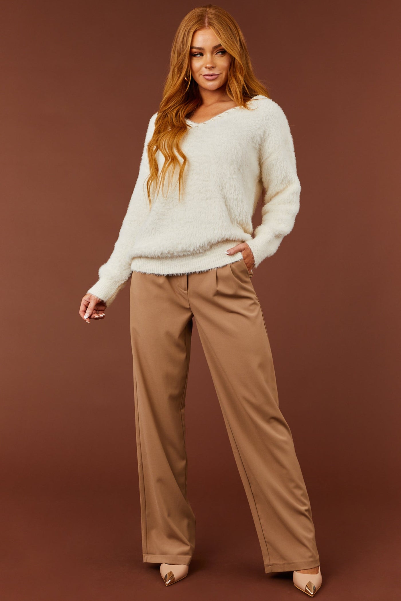 Vanilla V Neck Pearl Trim Detail Fuzzy Knit Sweater