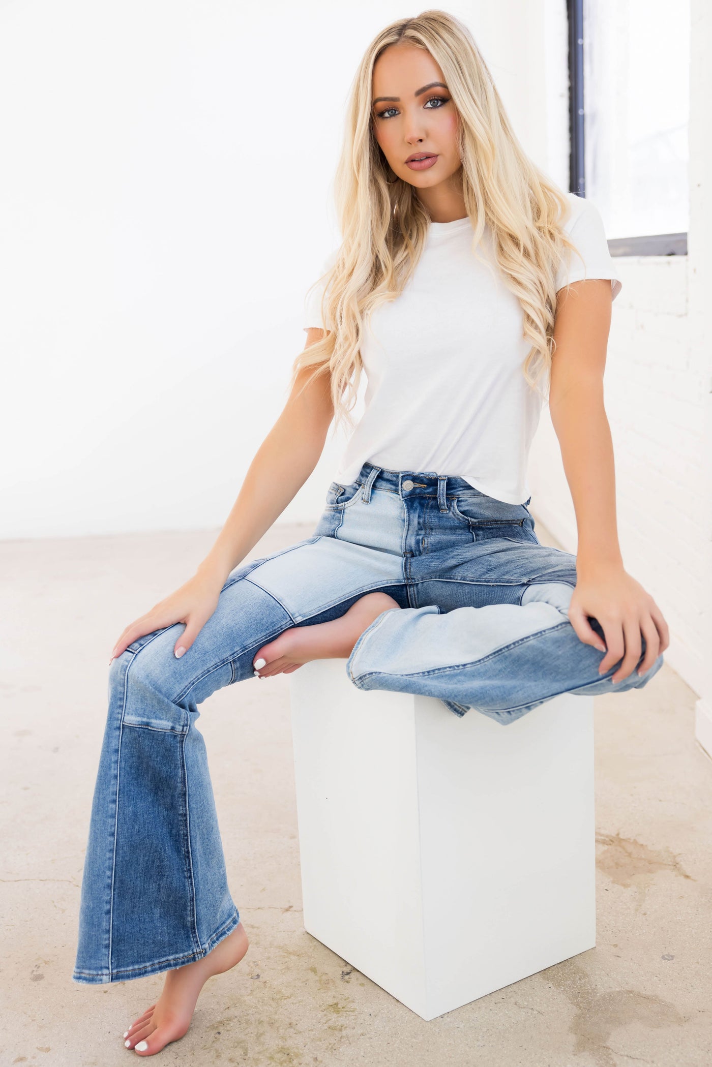 Vervet Colorblock Denim High Rise Bell Bottoms