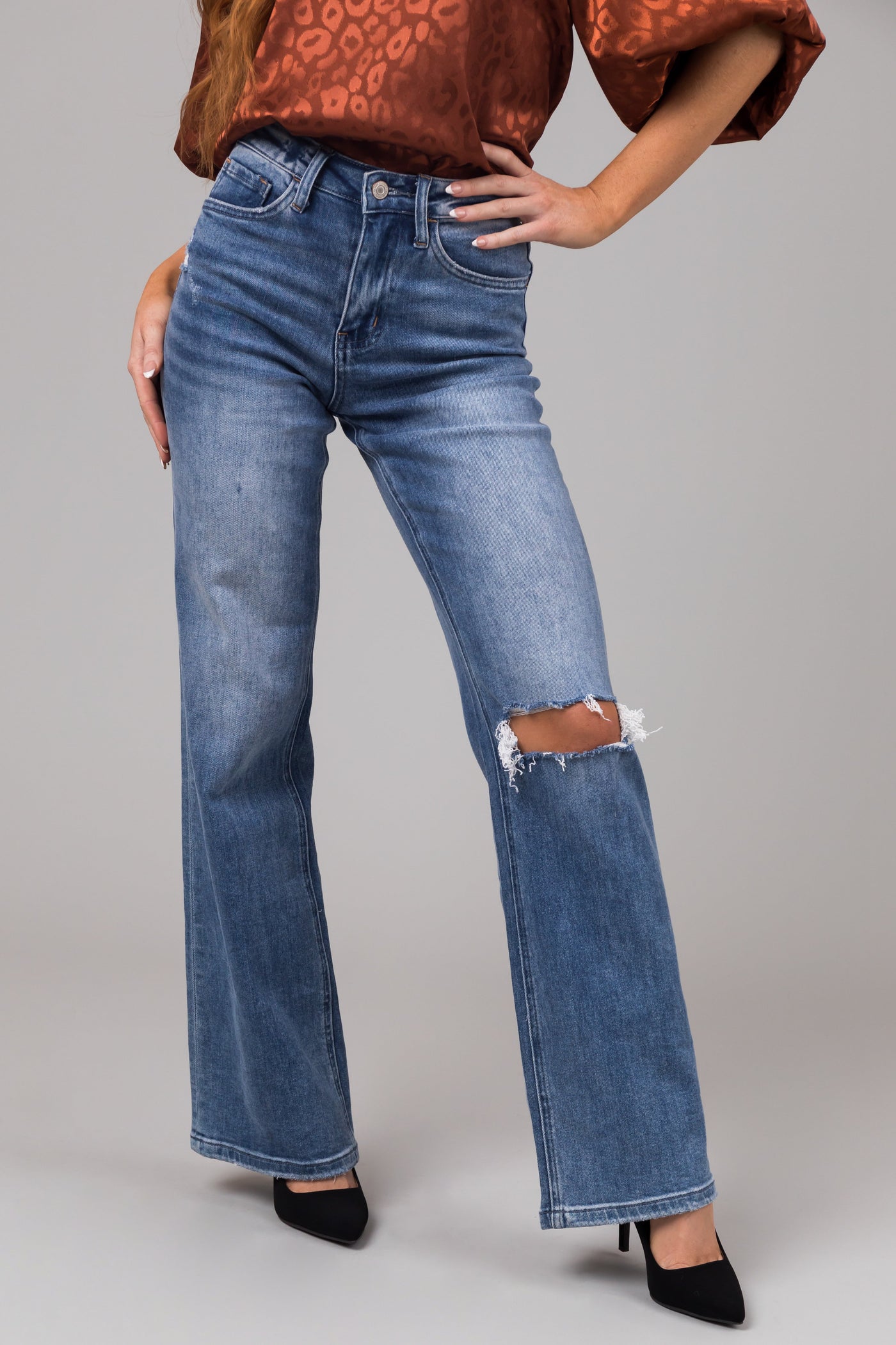 Vervet Medium Wash High Rise Slit Knee Jeans