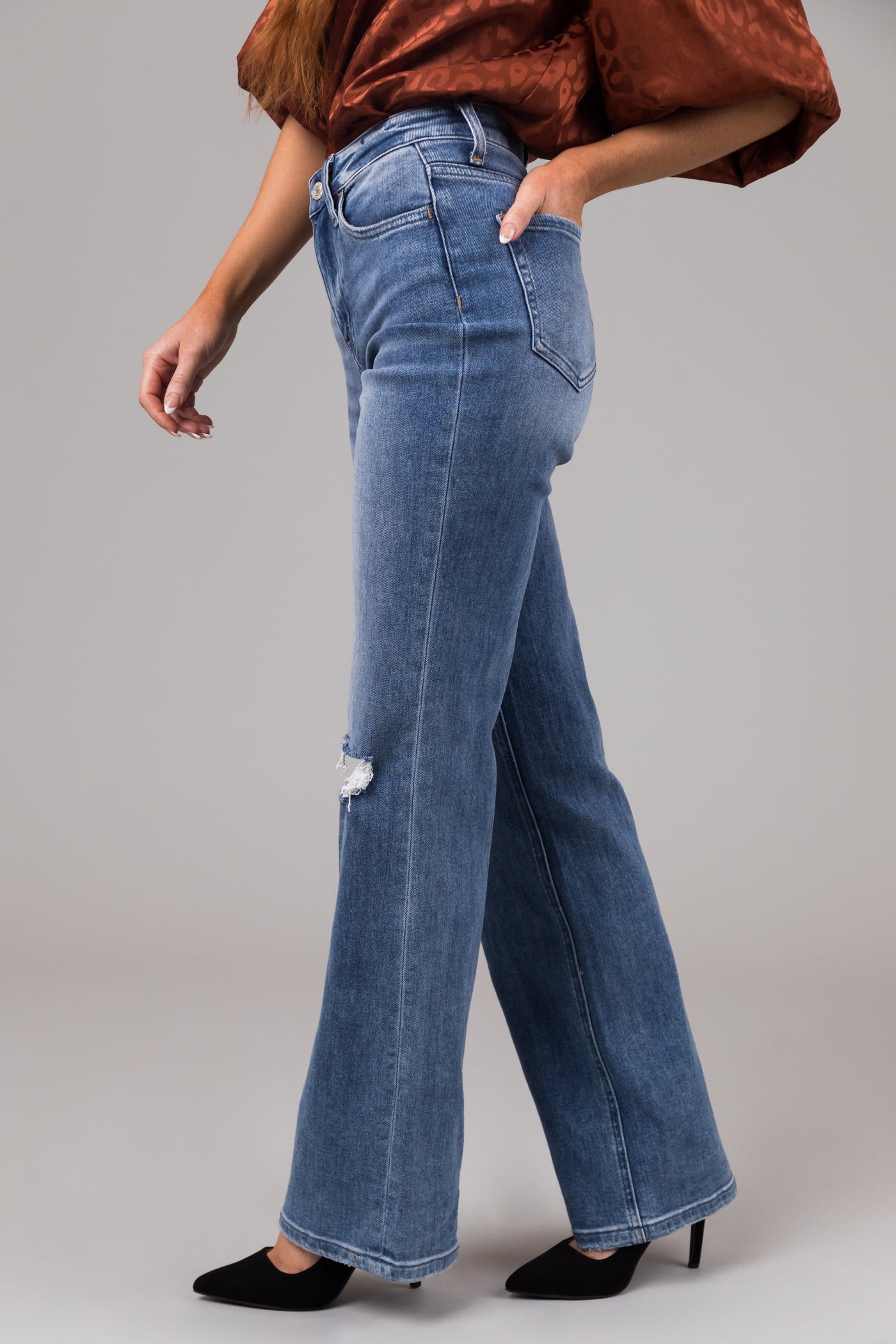 Vervet Medium Wash High Rise Slit Knee Jeans