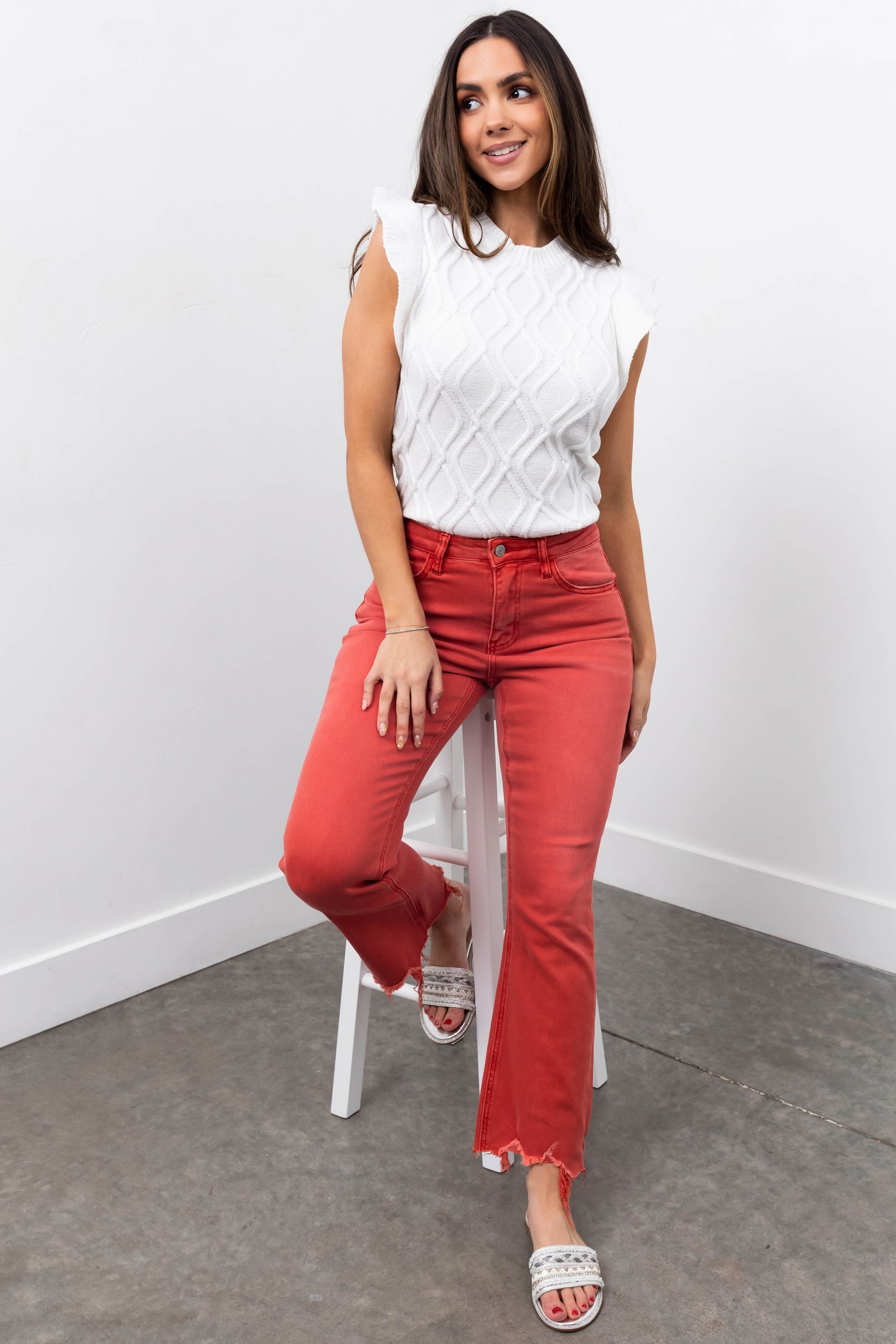 Vervet Poppy Red Flare Leg Cropped Jeans