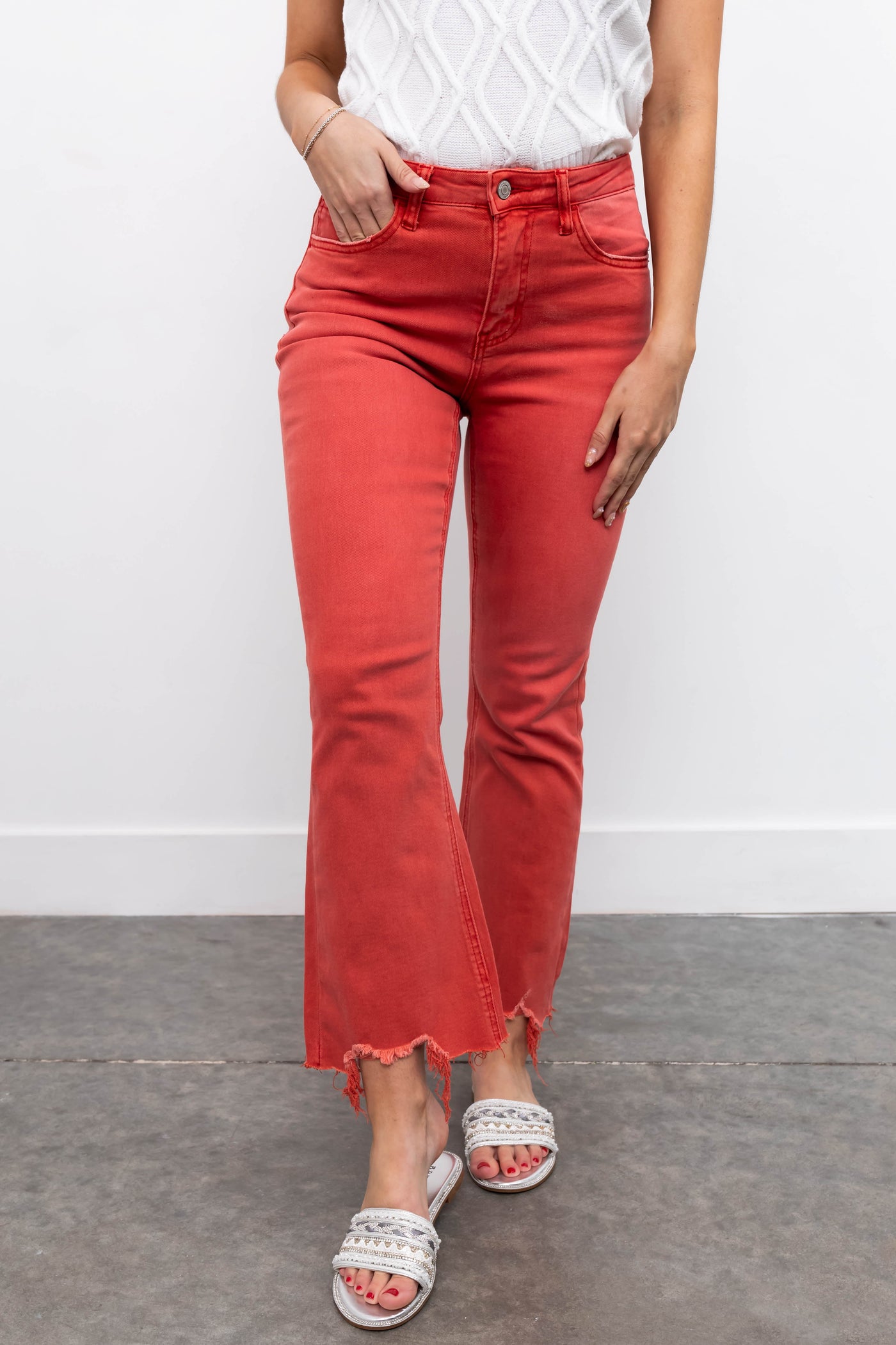 Vervet Poppy Red Flare Leg Cropped Jeans