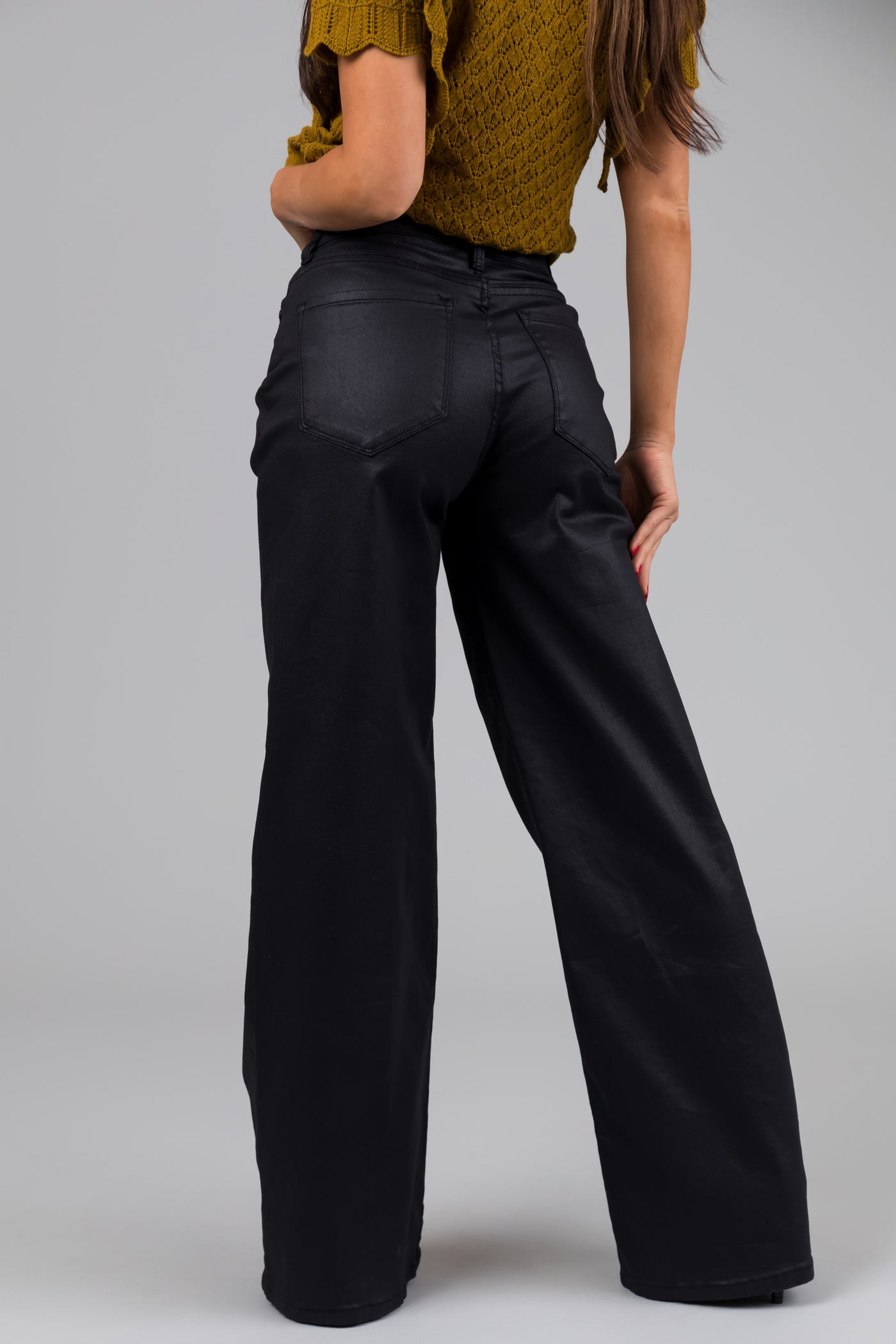 Vibrant Black High Rise Zipper Fly Wide Leg Coated Jeans