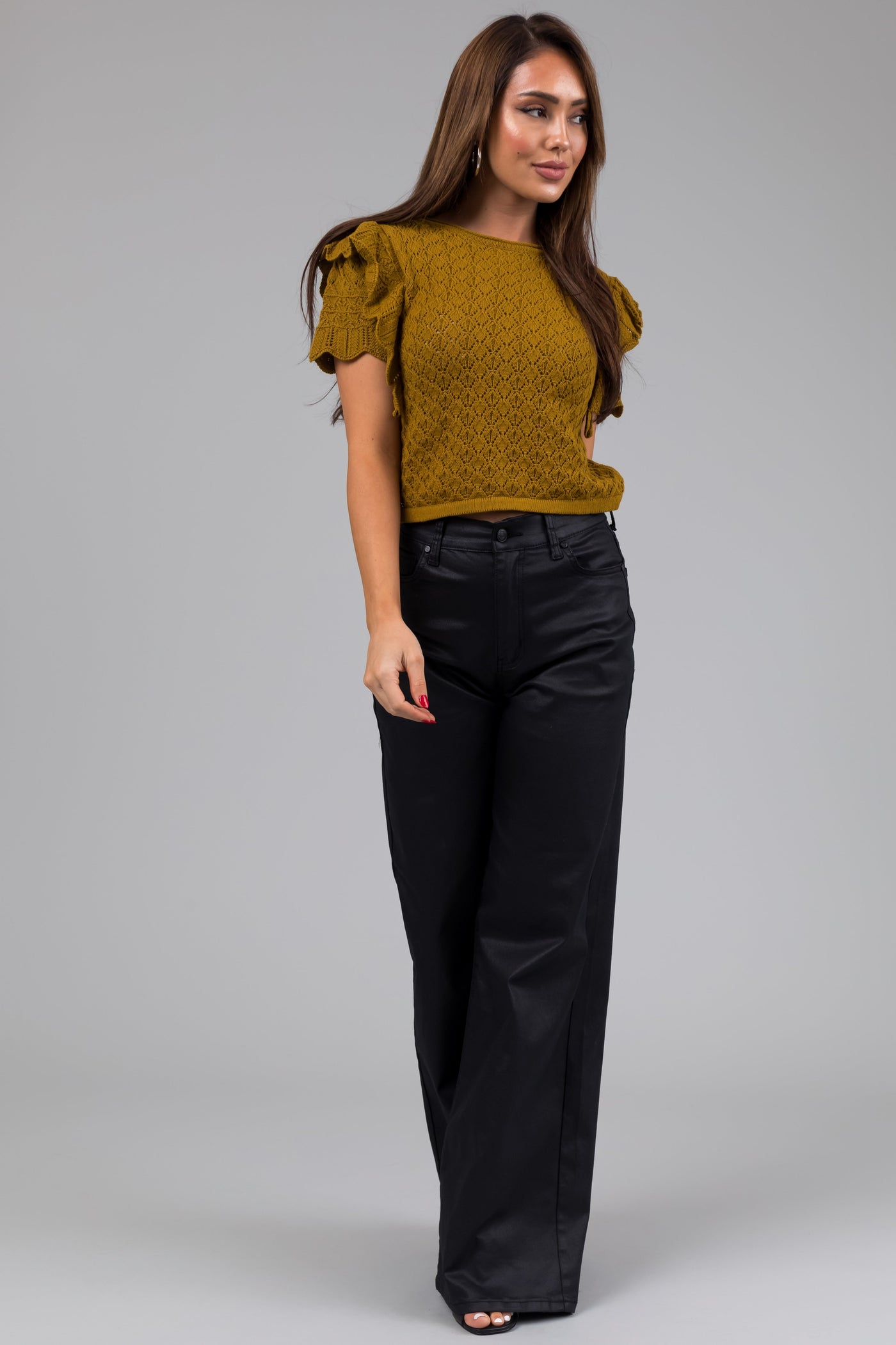 Vibrant Black High Rise Zipper Fly Wide Leg Coated Jeans